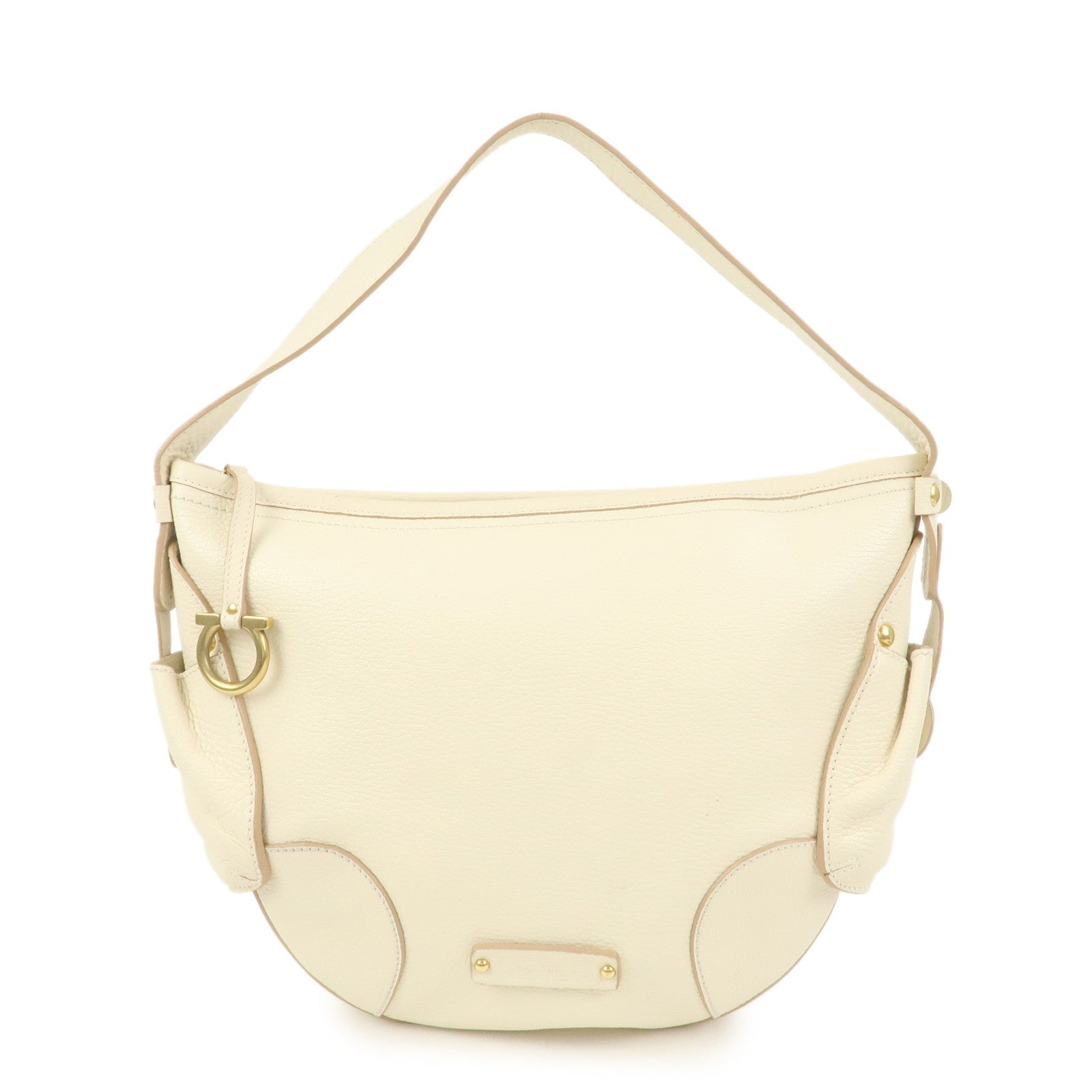 Ferragamo Gancini Logo Leather Shoulder Bag Hand Bag Ivory