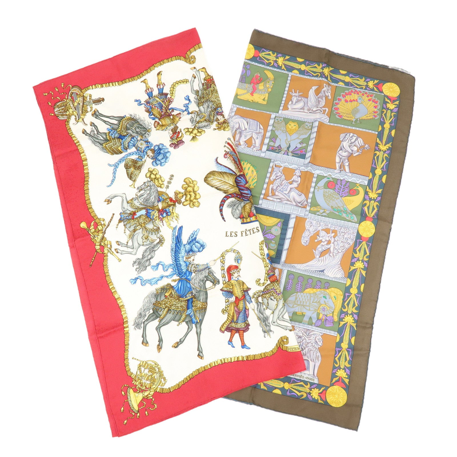 HERMES Carre 90 Set of 2 Silk 100% Scarf Brown Red
