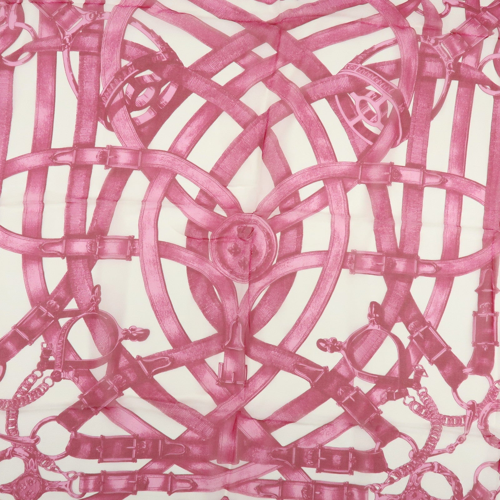 HERMES Carre 90 Silk 100% Scarf CAVALCADOUR Chain Belt Pink Ivory