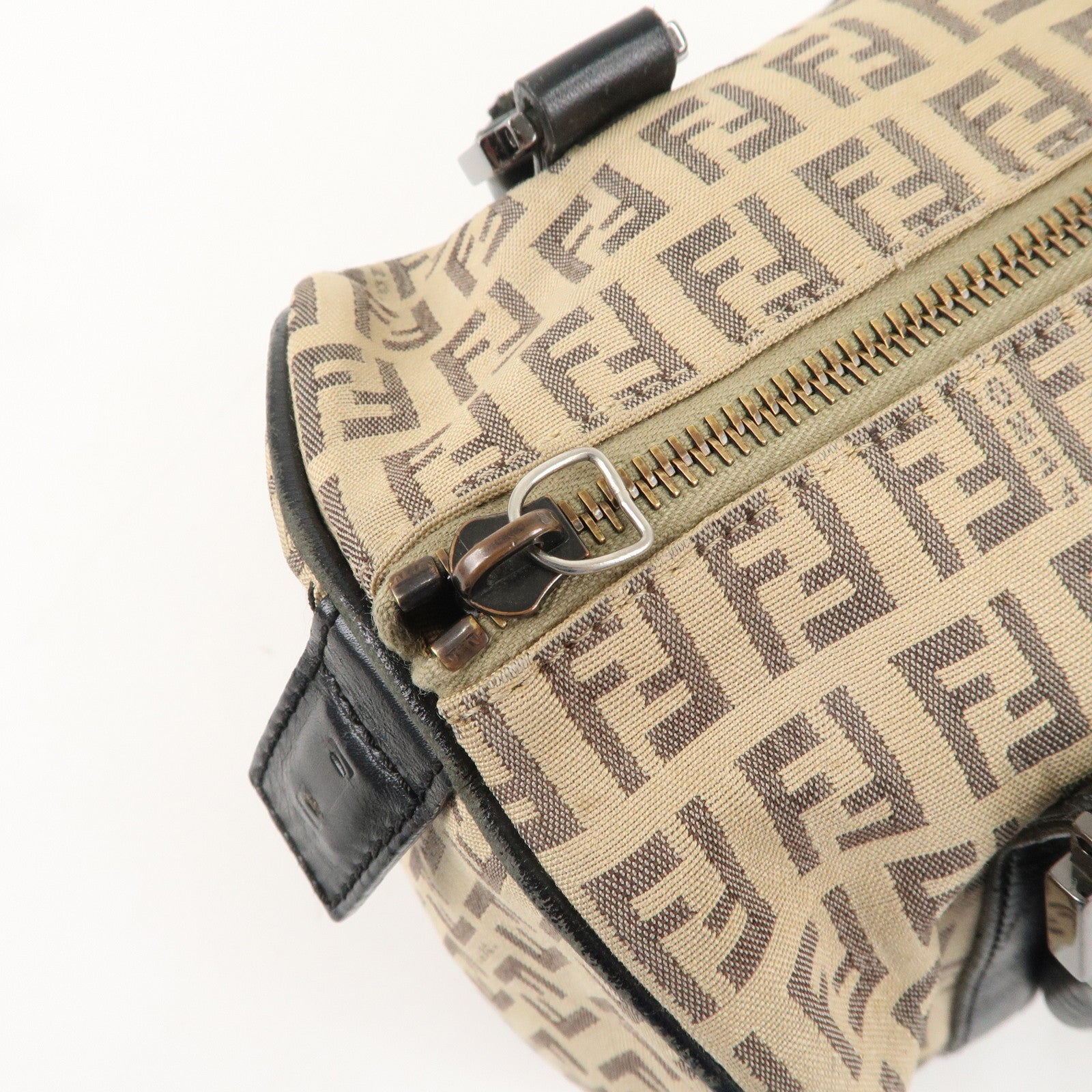 FENDI Zucchino Canvas Leather Mini Boston Bag Beige Black