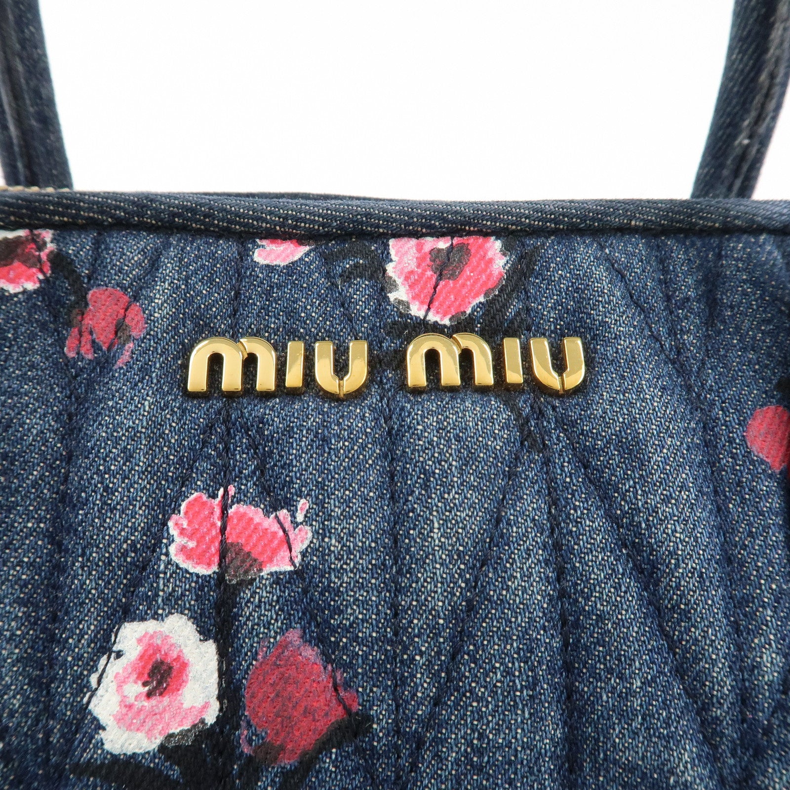 MIU MIU Matelasse Denim Leather 2Way Bag Hand Bag Flower 5BB020