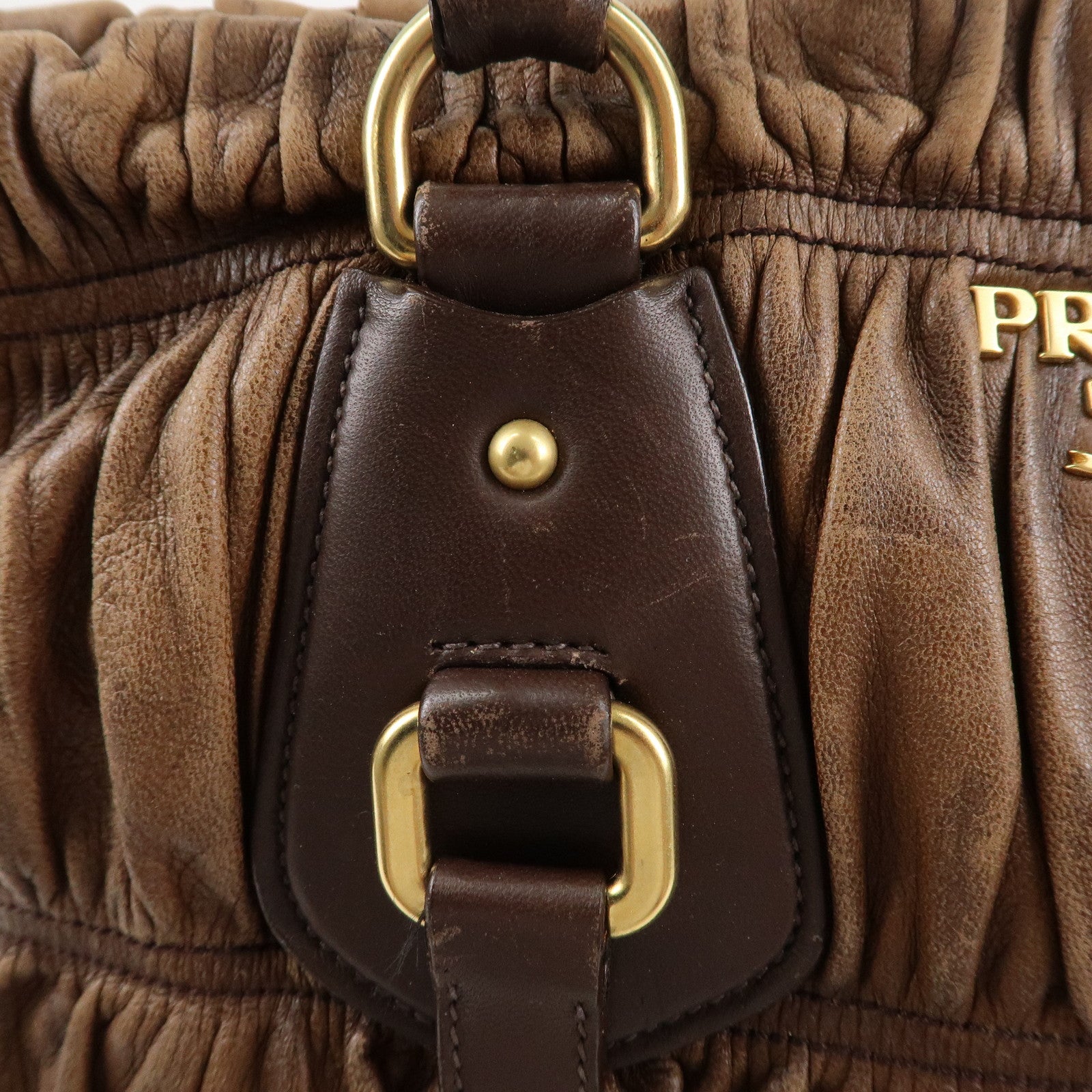 PRADA Logo Leather Gather 2Way Hand Bag Shoulder Bag Brown