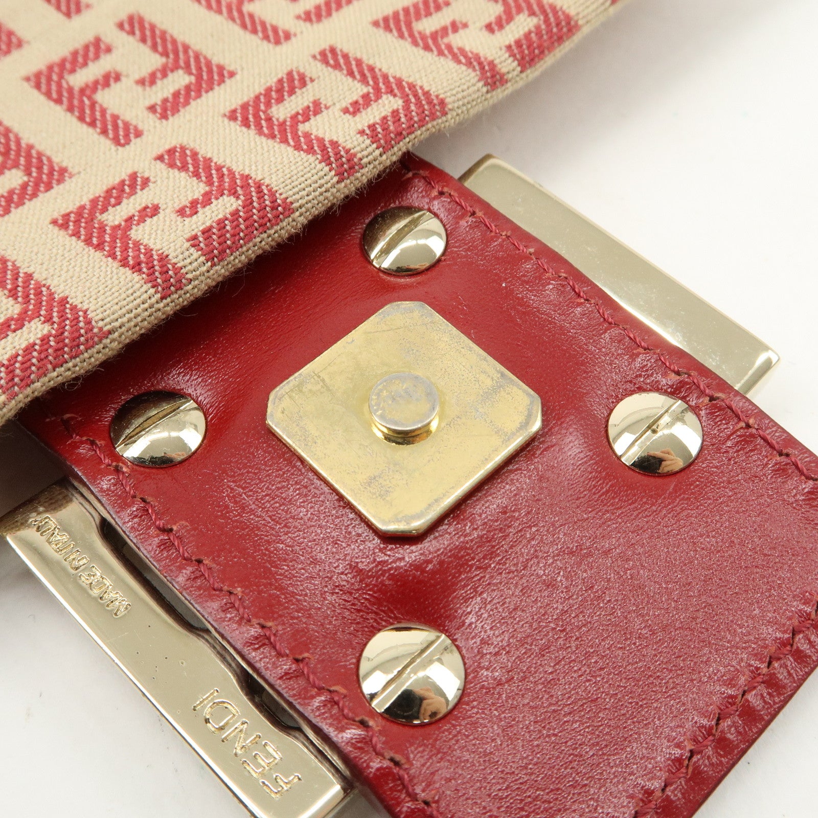 FENDI Zucchino Canvas Leather Shoulder Bag Beige Red 8BT075 Used