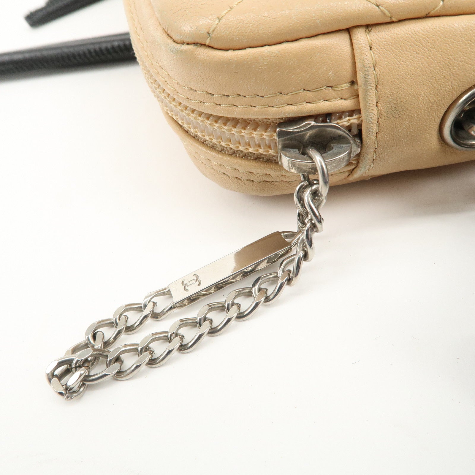 CHANEL Cambon Line Lambskin Shoulder Bag Beige Black A25178 Used