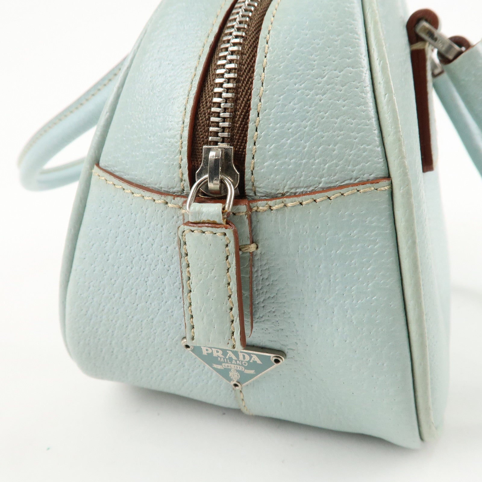 PRADA Leather Hand Bag Blue Silver Hardware