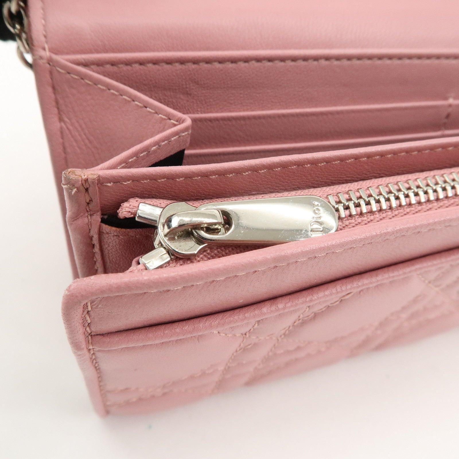 Christian Dior Cannage Dior Leather Chain Wallet Pink Used