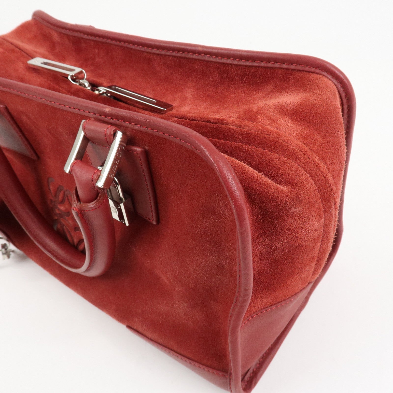 LOEWE Anagram Suede Leather Amazona 28 Hand Bag Red Silver HDW Used