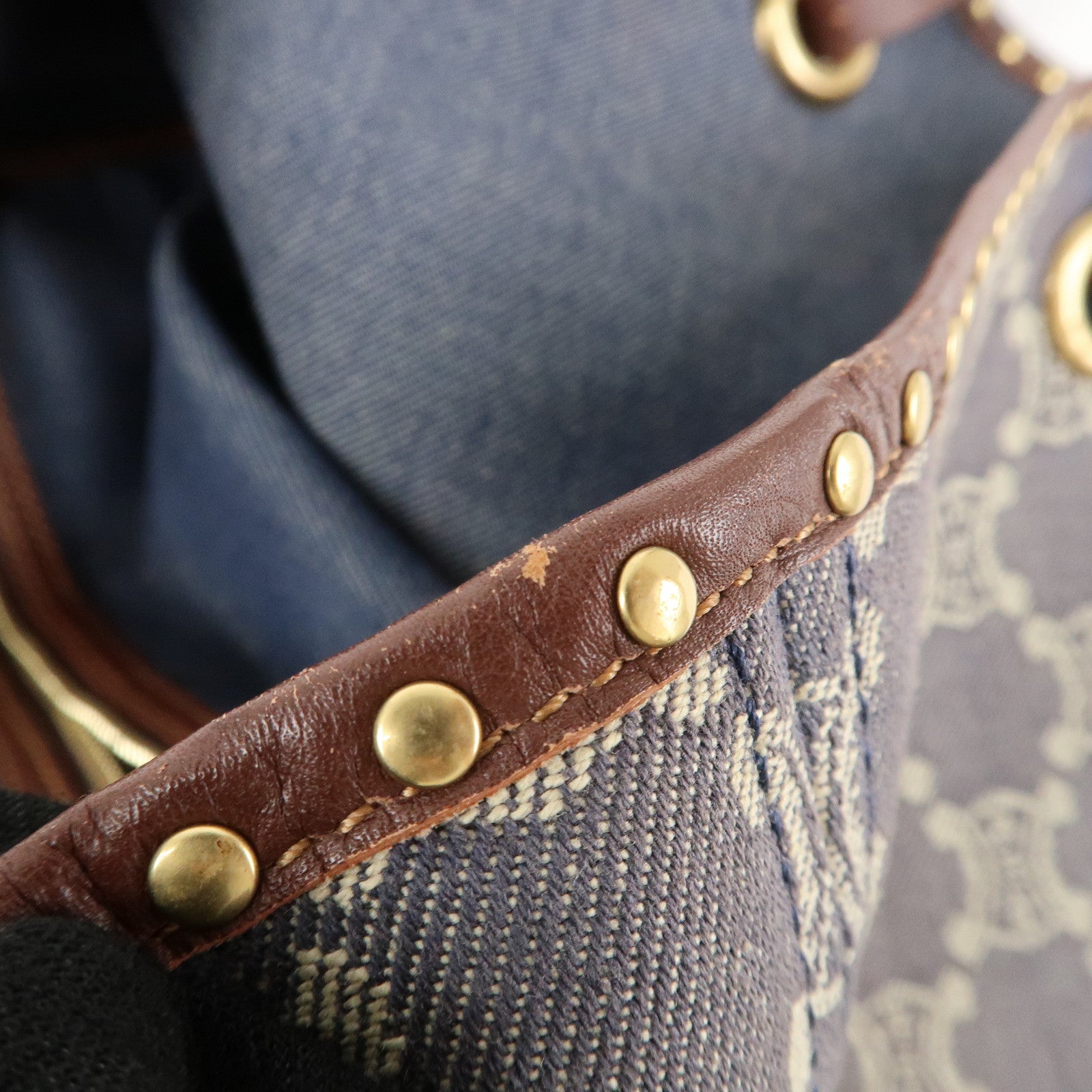 CELINE Macadam Denim Leather Studs Tote Bag Navy Brown Used