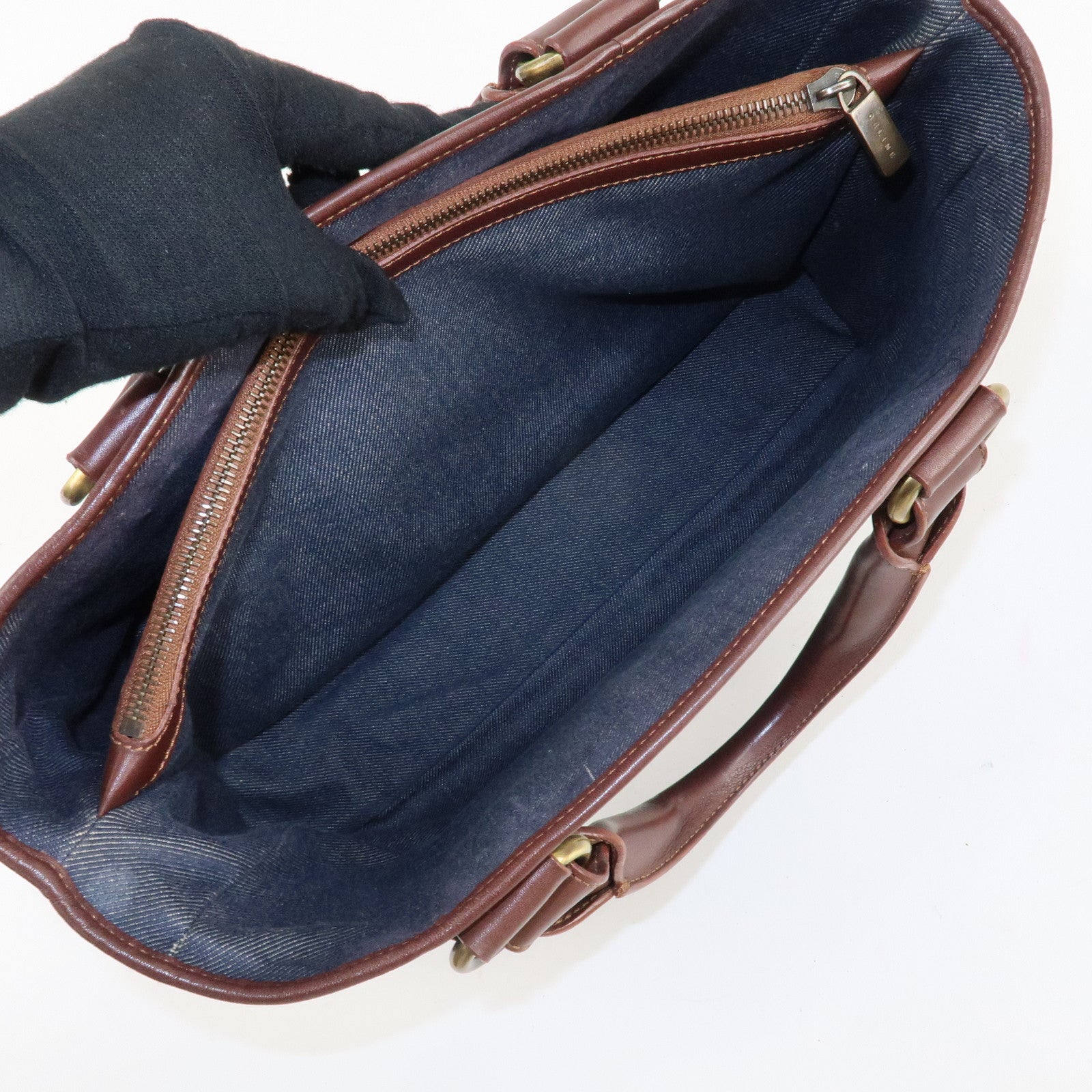 CELINE Macadam Denim Leather Boogie Bag Tote Bag Blue Brown Used