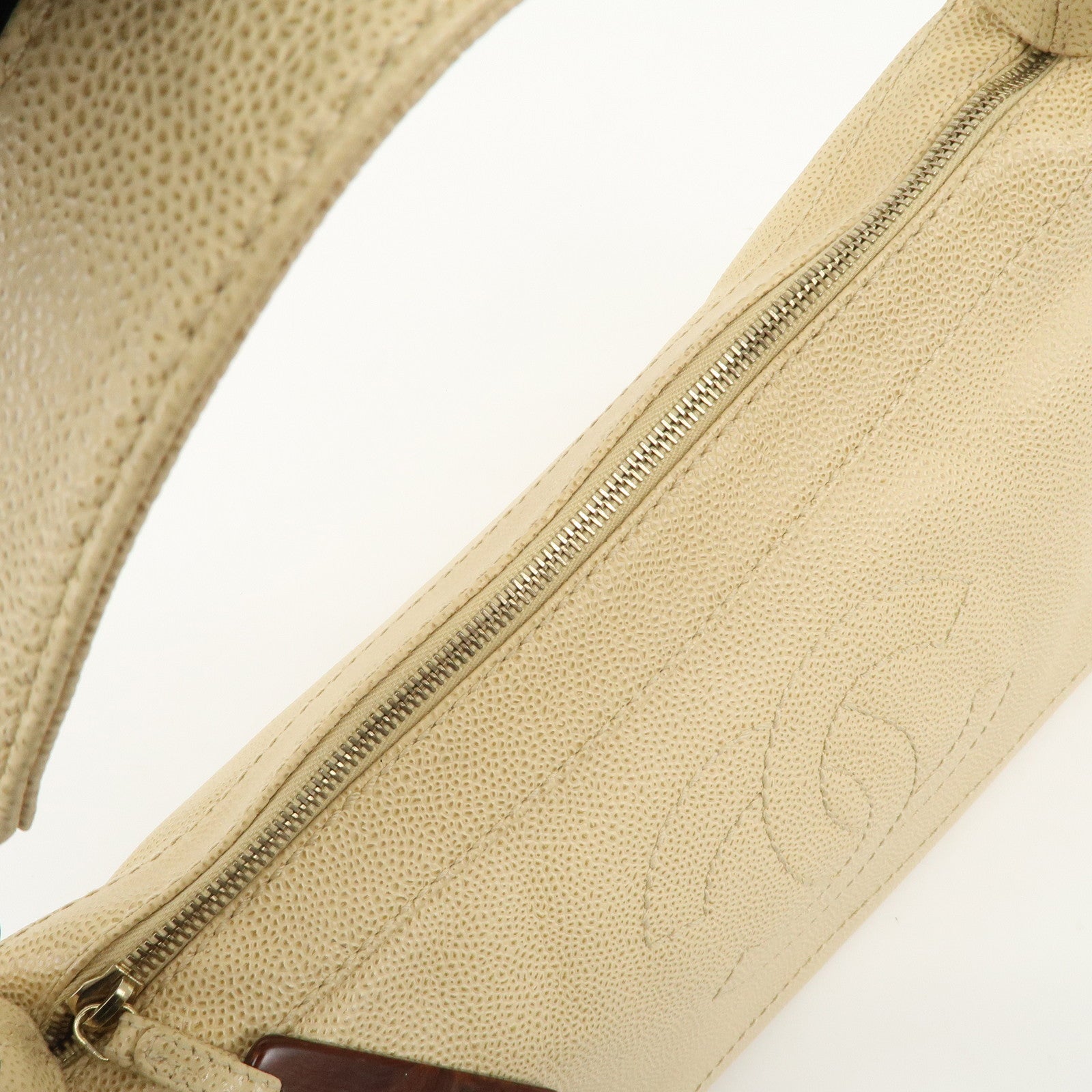 CHANEL Caviar Skin COCO Mark Wood Chain Shoulder Bag Beige Used