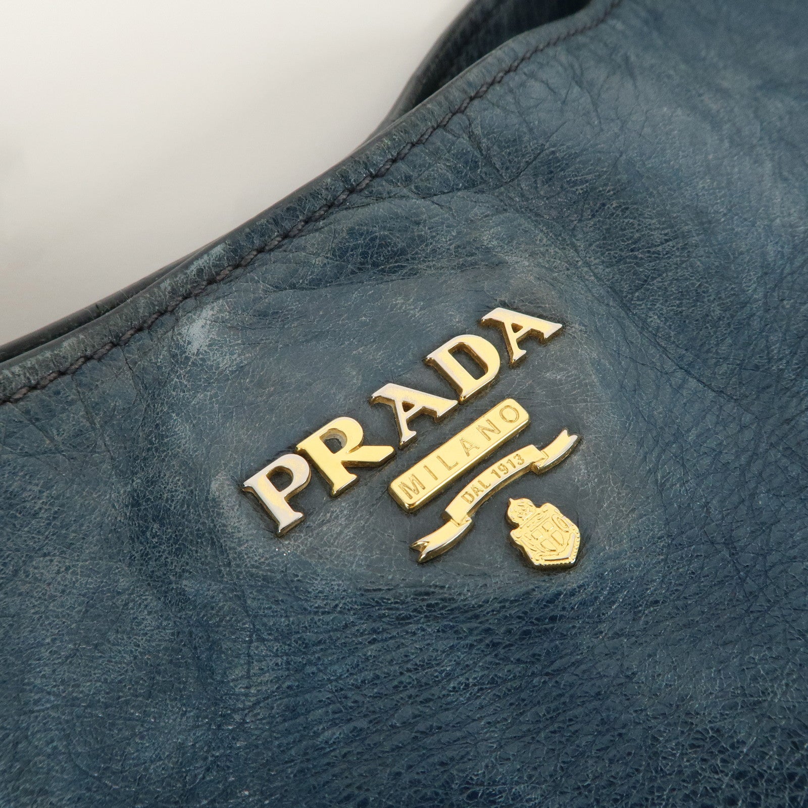 PRADA Logo Leather One Shoulder Bag Blue Gold Hardware BR4829