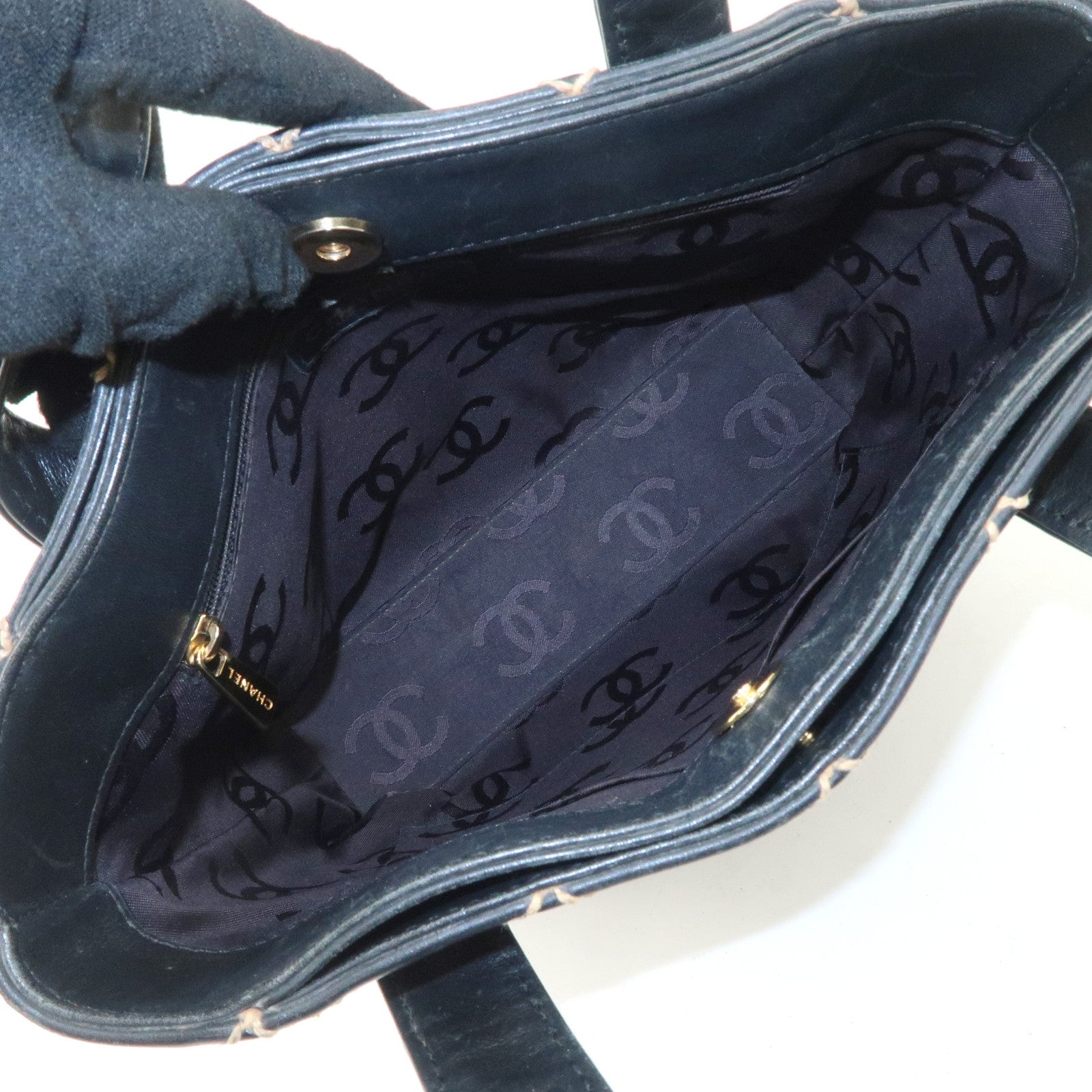 CHANEL Wild Stitch Lamb Skin Tote Bag Hand Bag Black A18126 Used