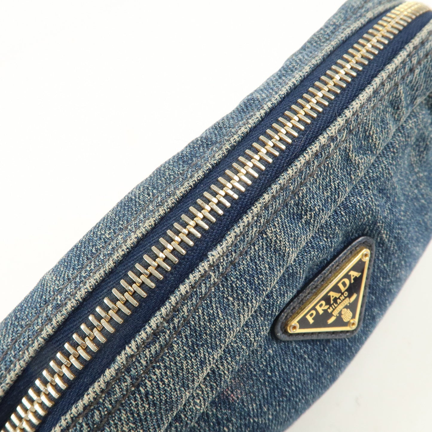 PRADA Triangle Logo Denim Pouch Cosmetic Pouch Blue Gold Hardware