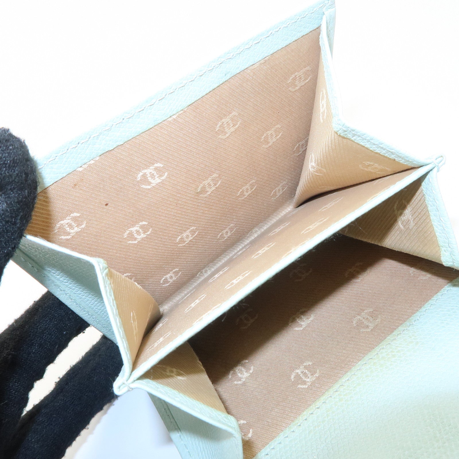 CHANEL COCO Button Leather Double Hook Wallet Mint blue A20902 Used