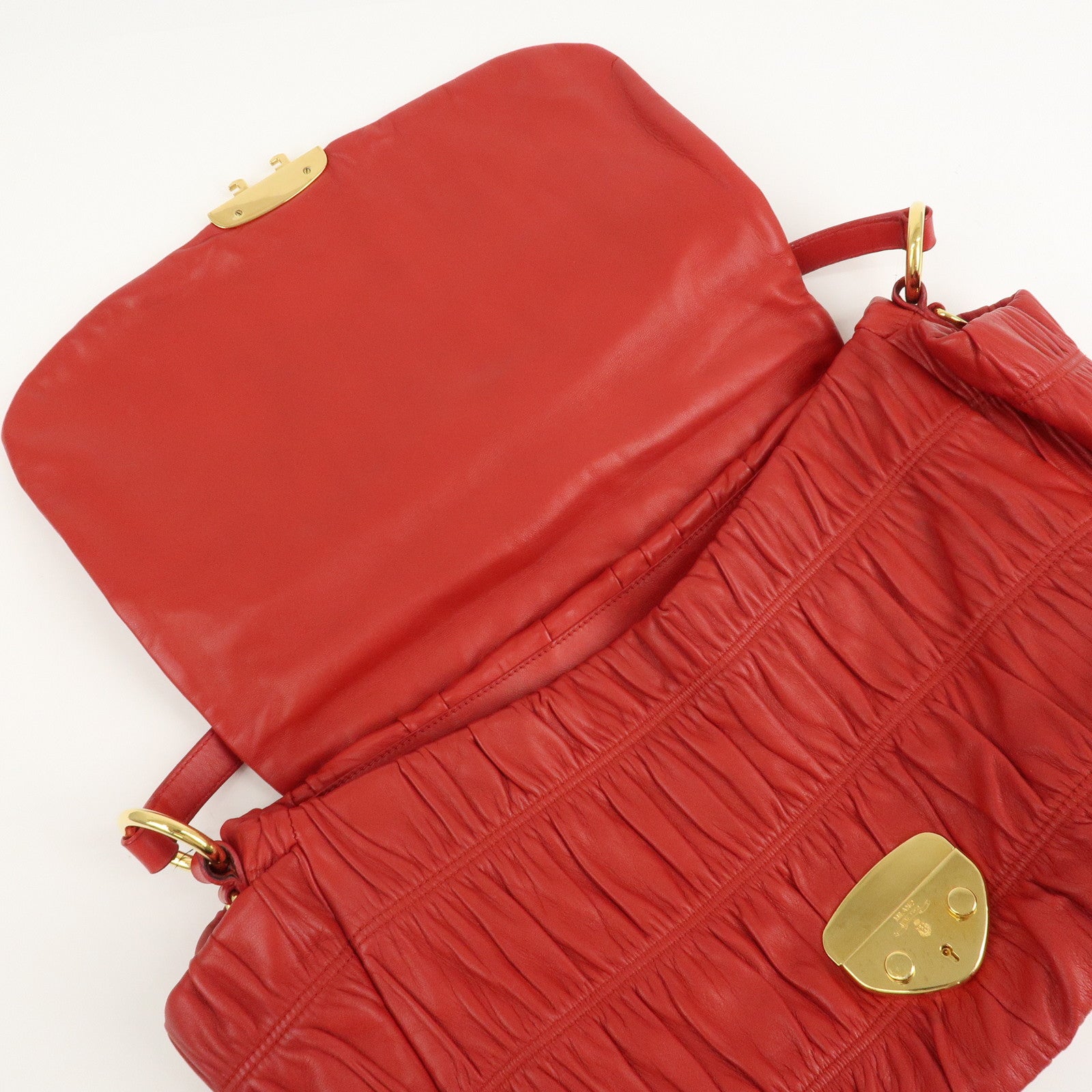 PRADA Logo Gathered Leather Shoulder Bag Hand Bag Red