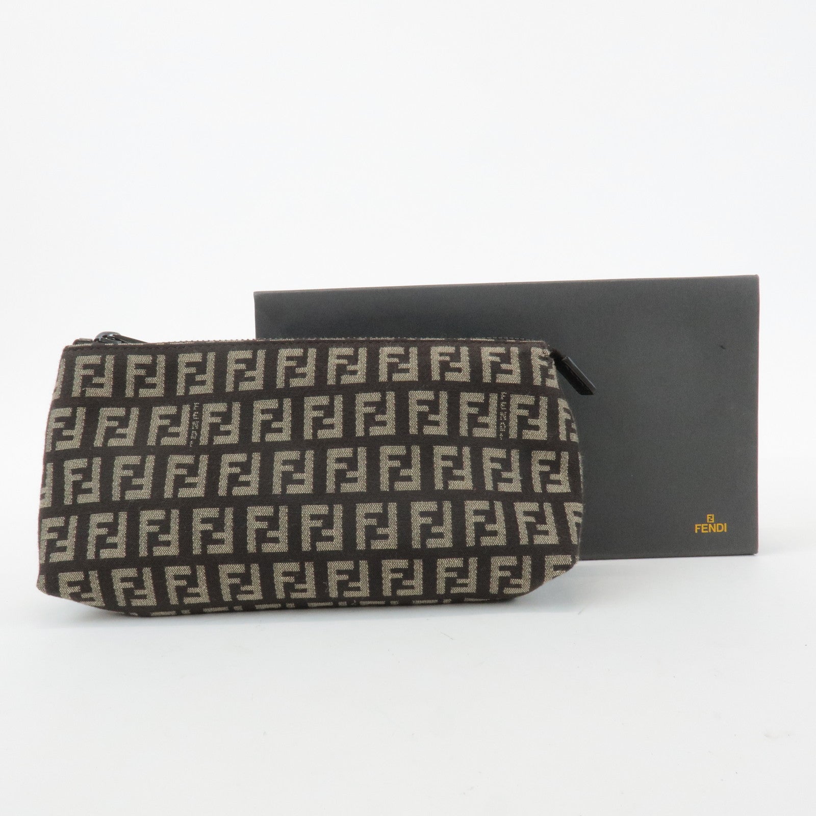 FENDI Zucchino Canvas Leather Pouch Beige Brown 7N0038 Used