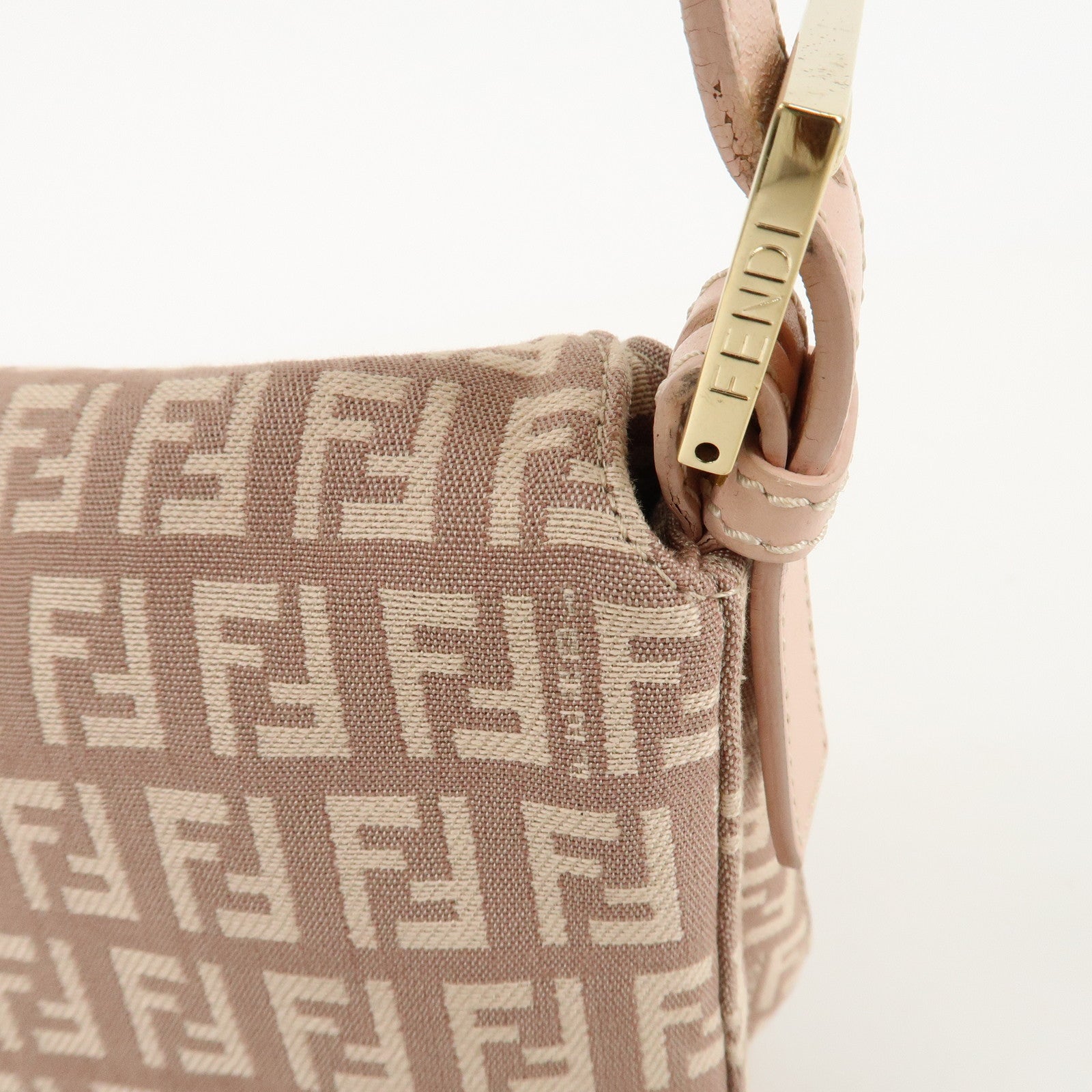 FENDI Zucchino Canvas Leather Shoulder Bag Light Pink Beige 8BR003