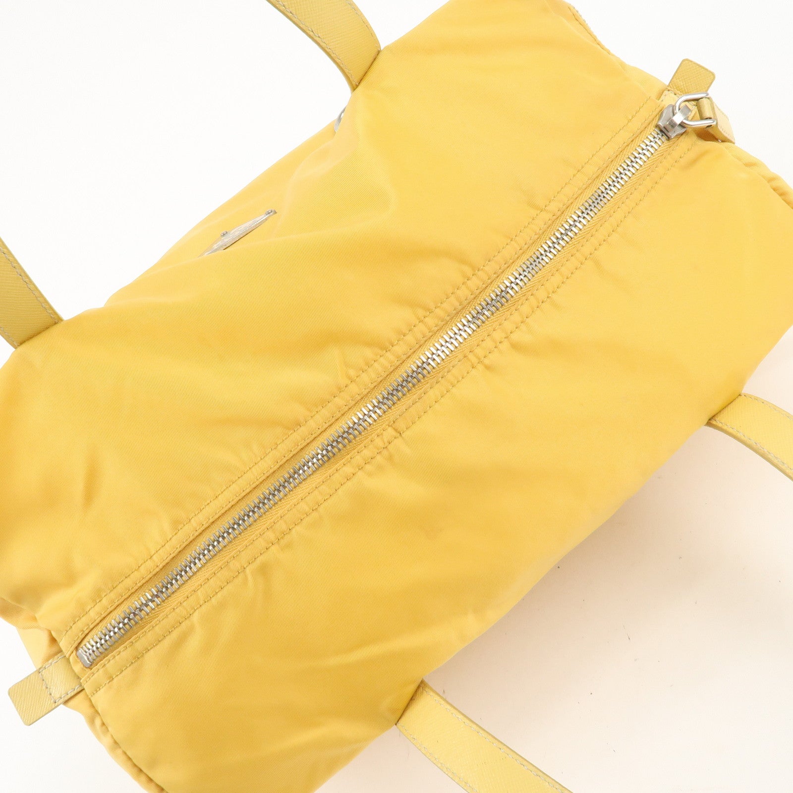 PRADA Logo Nylon Leather Boston Bag Shoulder Bag Yellow Silver Used