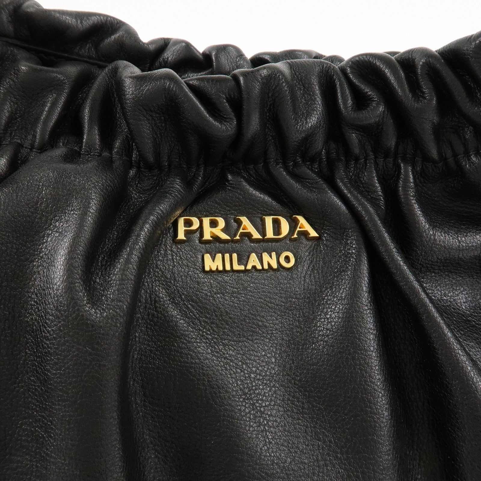 PRADA Nylon Leather Gathered One Shoulder Bag Black Gold HDW