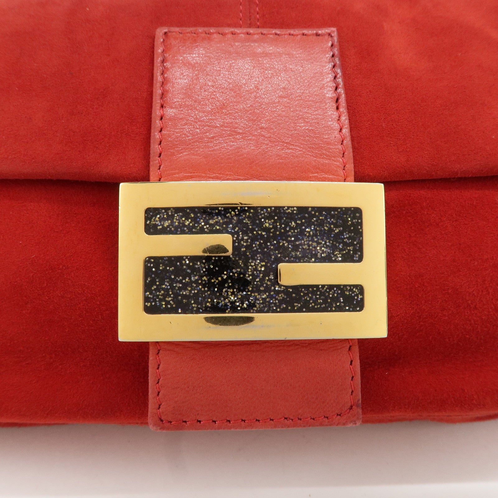 FENDI Mamma Baguette Suede Leather Shoulder Bag Red 26424