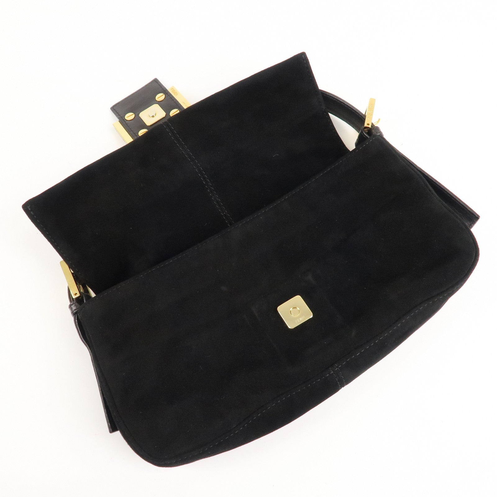 FENDI Mamma Baguette Suede Leather Shoulder Bag Black 26424