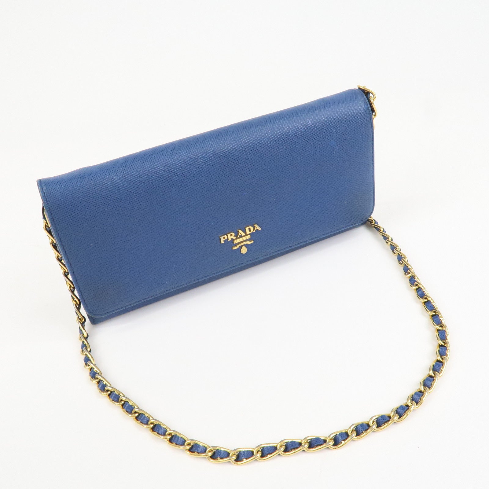 PRADA Logo Saffiano Leather Chain Shoulder Wallet WOC Blue 1M1290
