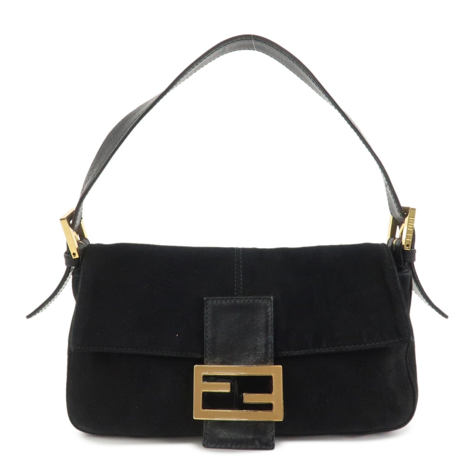 FENDI Mamma Baguette Logo Suede Shoulder Bag Black 26424
