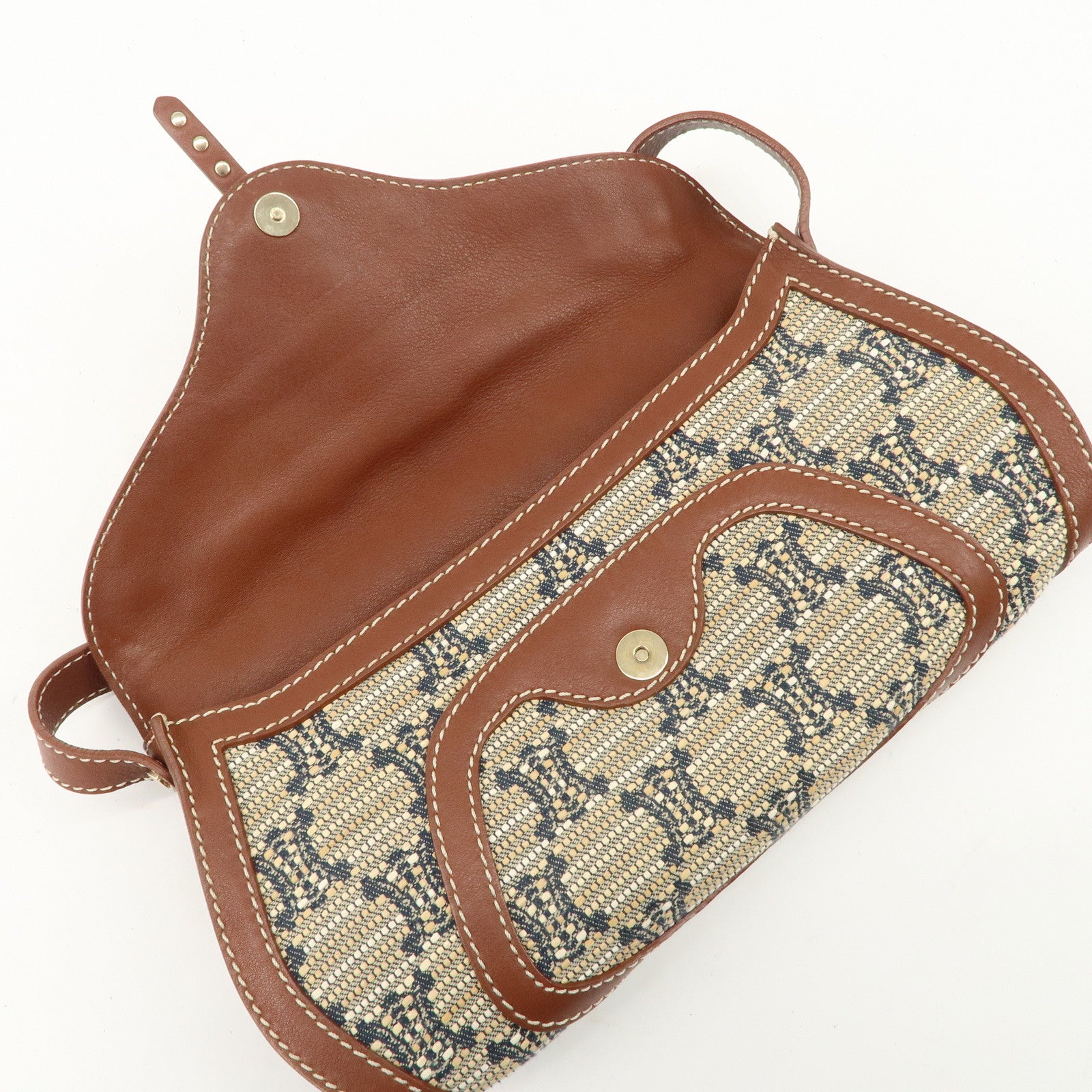 CELINE Macadam Canvas Leather Shoulder Bag Beige Navy Brown Used