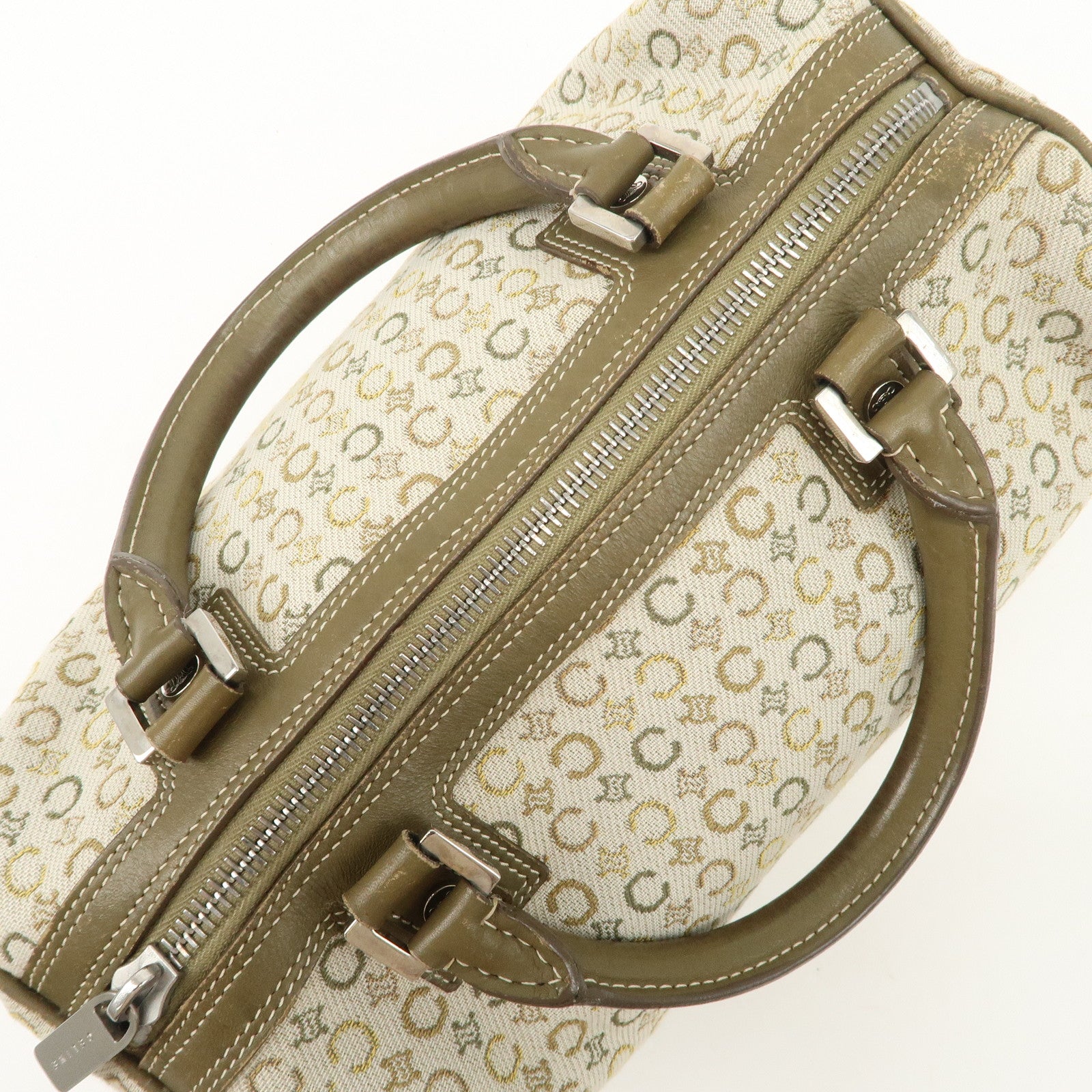 CELINE C Macadam Canvas Leather Mini Boston Bag Ivory Khaki Used