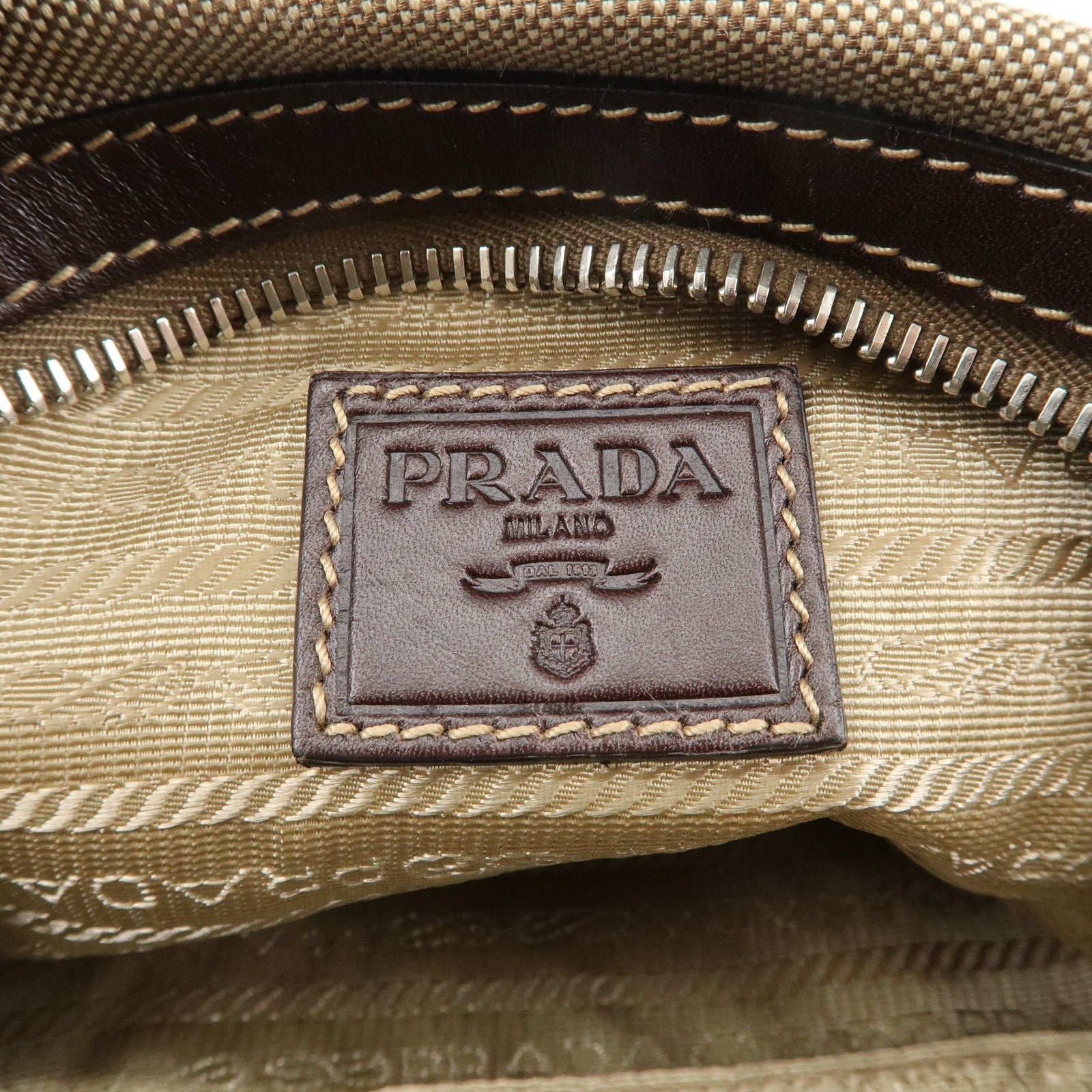 PRADA Logo Jacquard Leather Pouch Beige Brown 1N1298