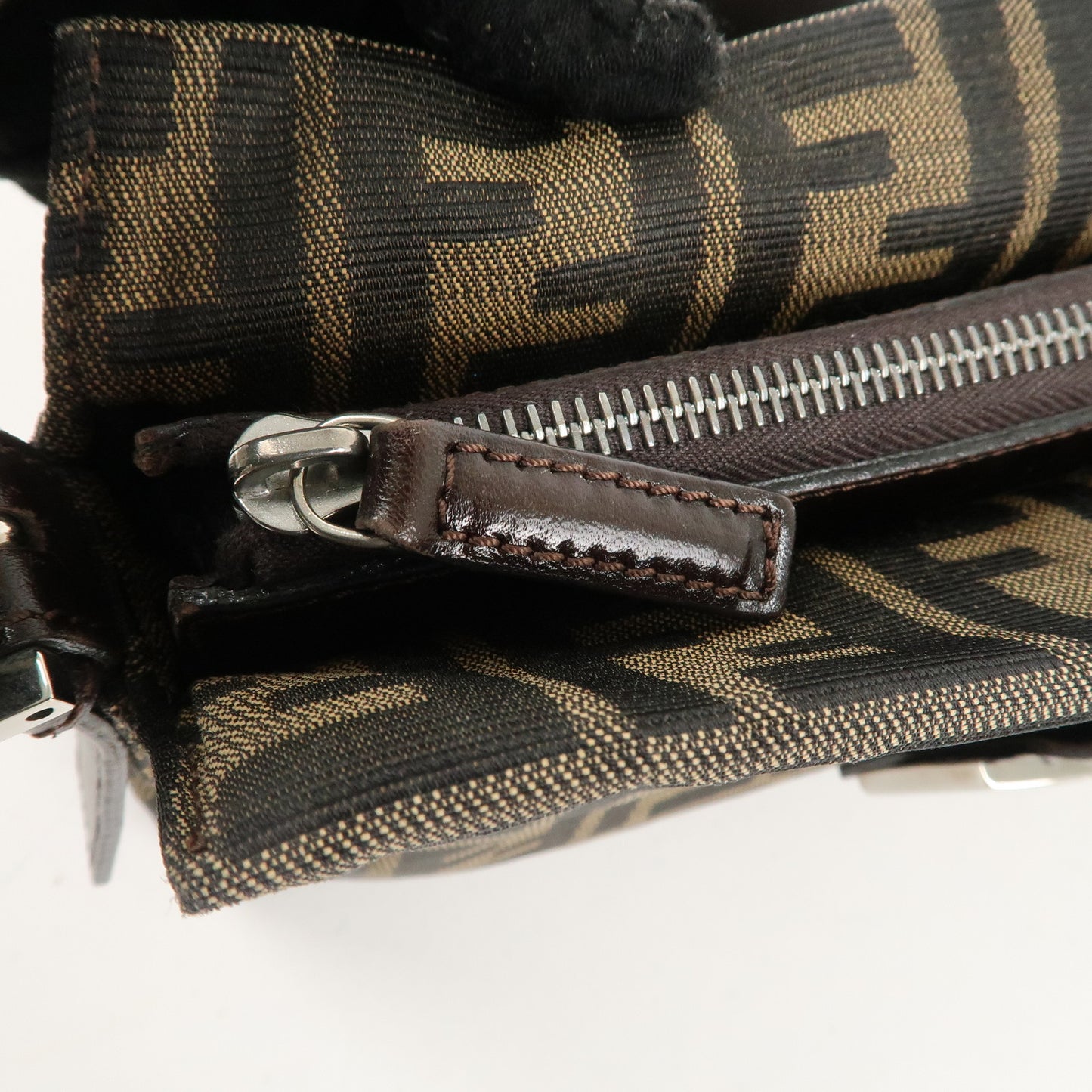 FENDI Zucca Canvas Leather Shoulder Bag Khaki Brown Black 26566