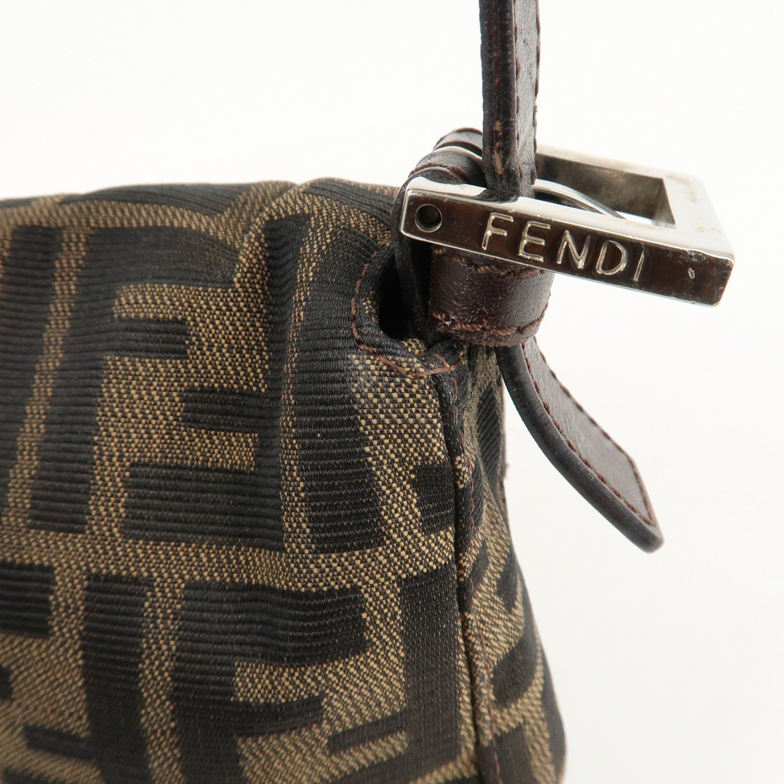 FENDI Mamma Baguette Zucca Canvas Leather Shoulder Bag Brown