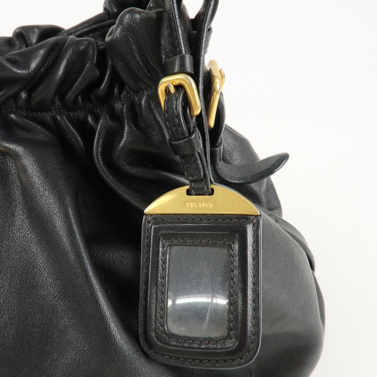 PRADA Leather Shoulder Bag Hand Bag Black Gold Hardware