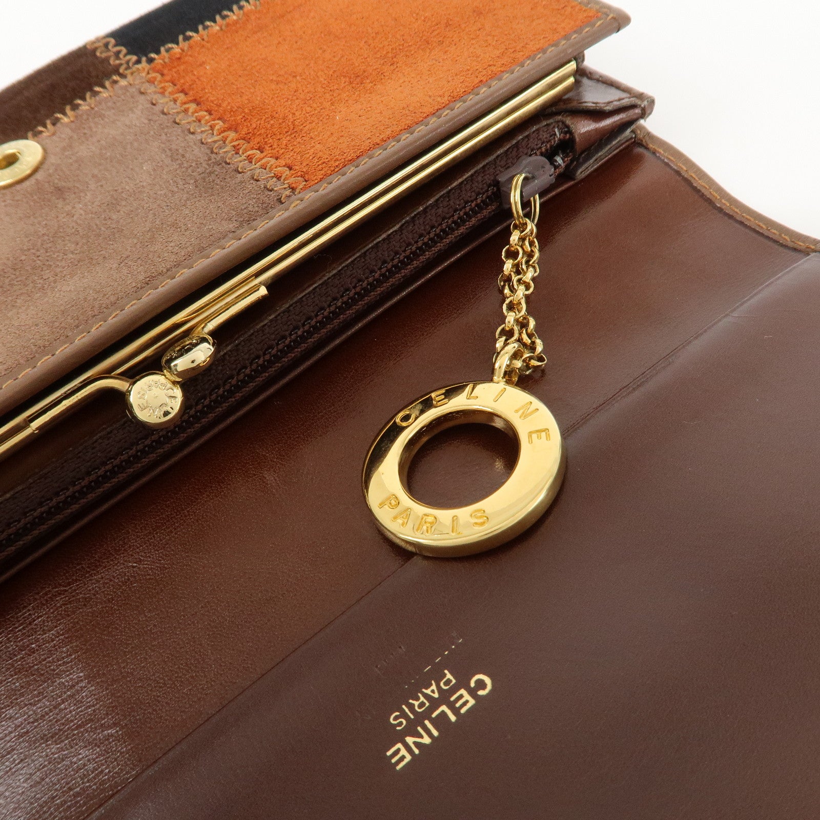 CELINE Suede Leather Patchwork Bifold Wallet Multi Color Used