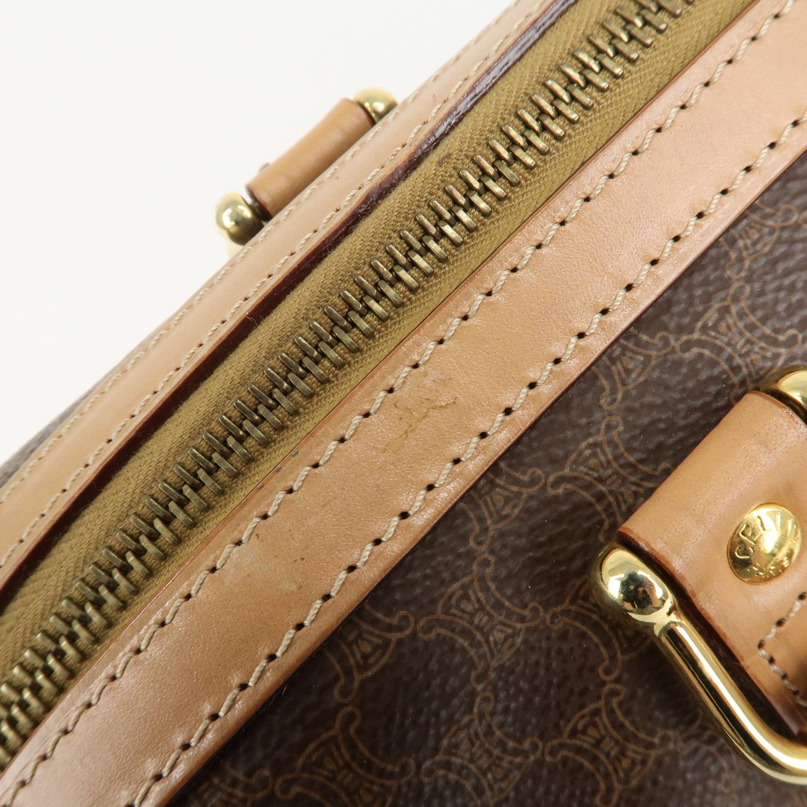 CELINE Macadam PVC Leather Boston Bag Hand Bag Brown Used