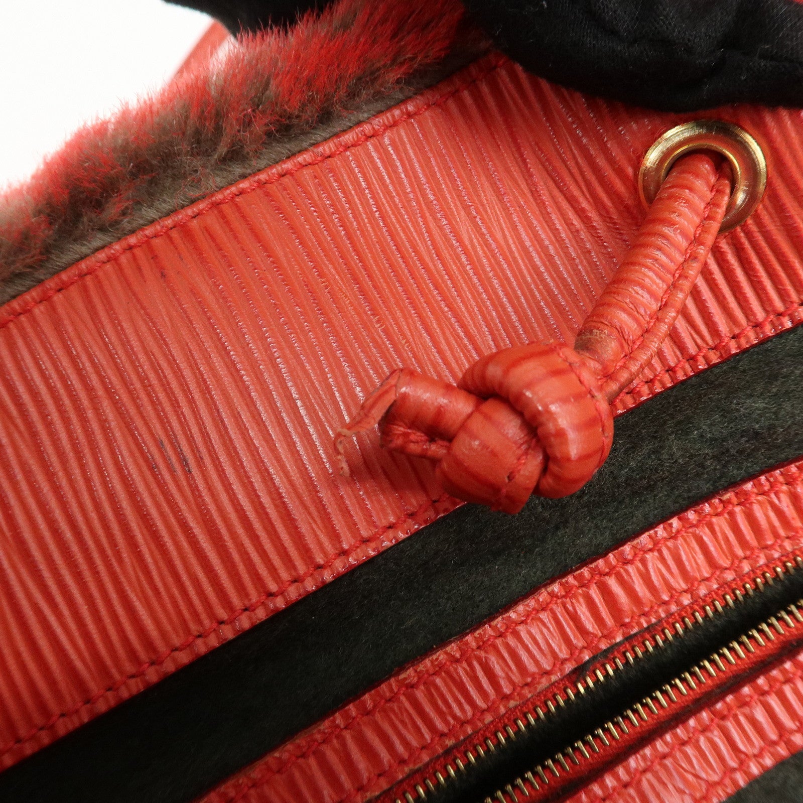 FENDI Leather Fake Fur Shoulder Bag Tote Bag Red