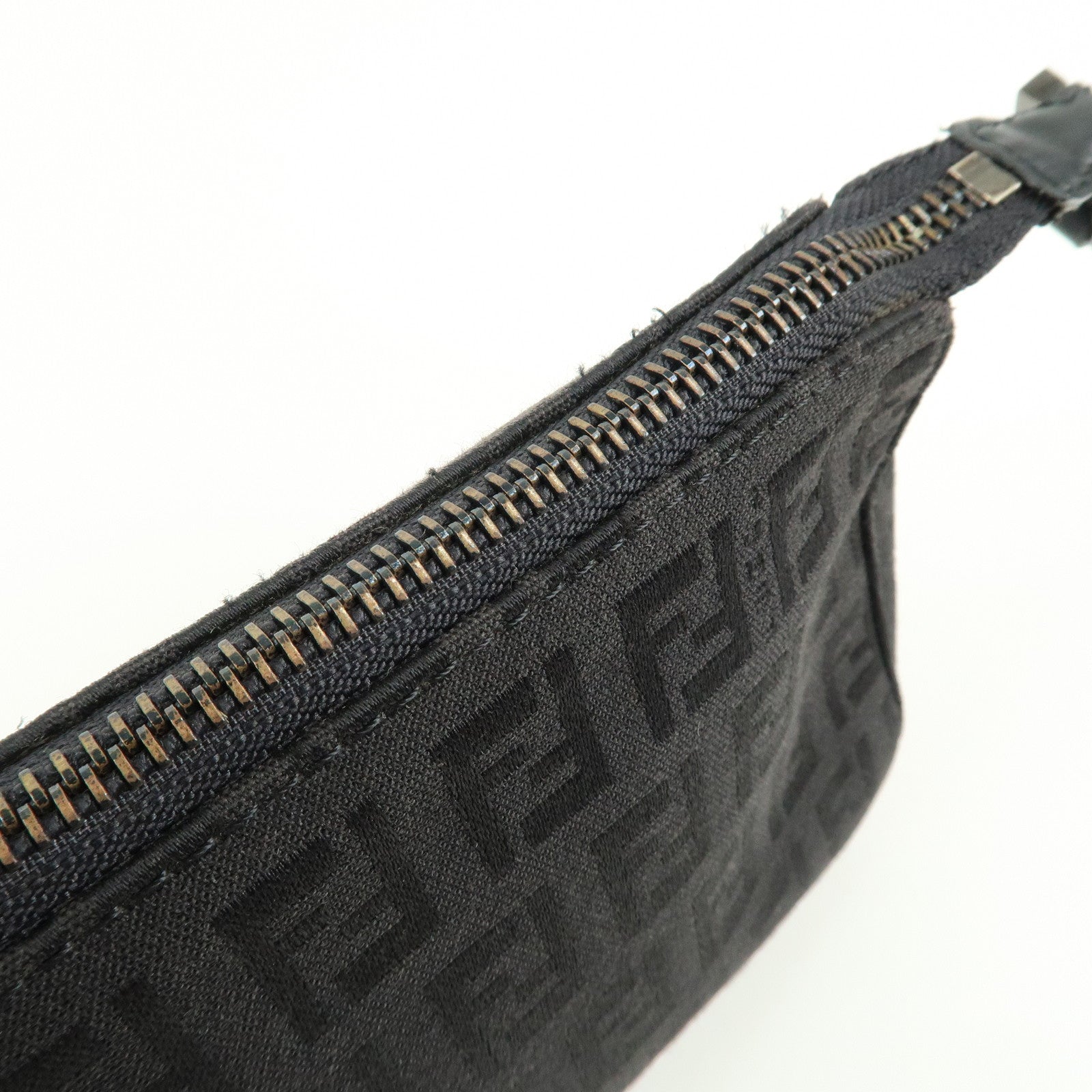 FENDI Zucchino Canvas Leather Pouch Hand Bag Black Silver HDW