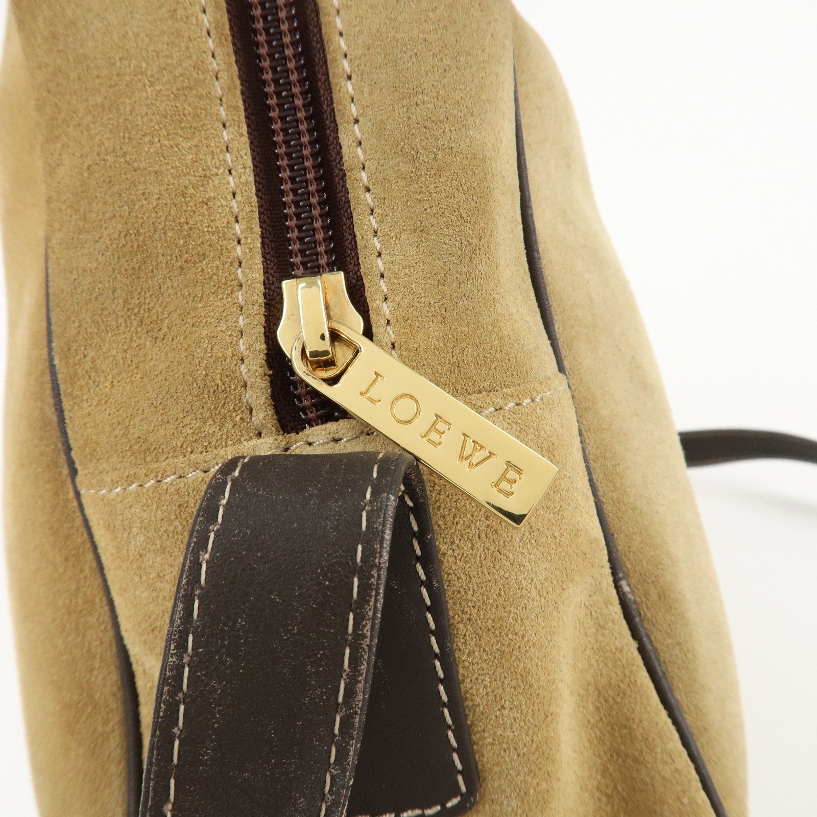 LOEWE Anagram Suede Leather Shoulder Bag Beige Dark Brown Used