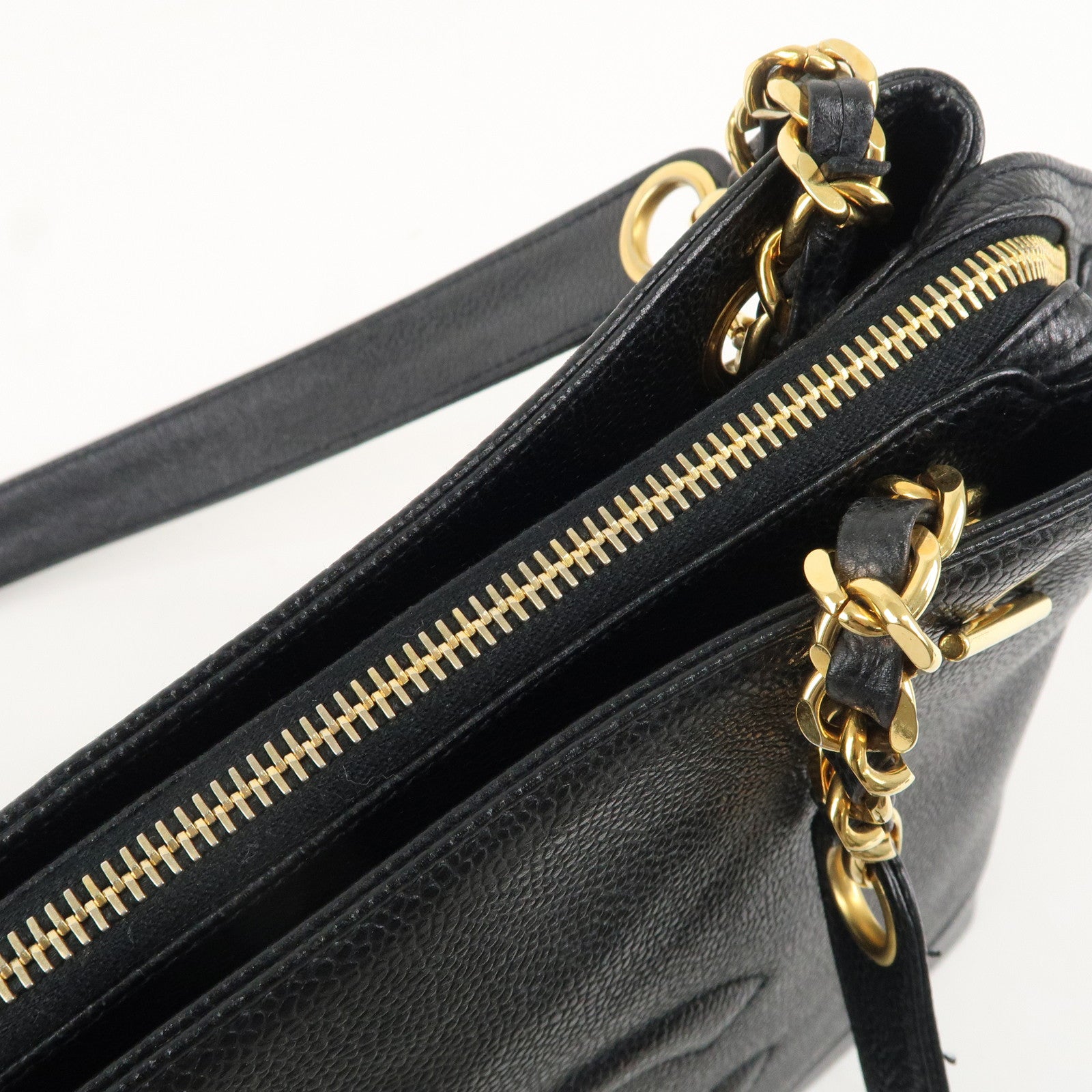 CHANEL Caviar Skin Chain Tote Bag Black Gold A03578