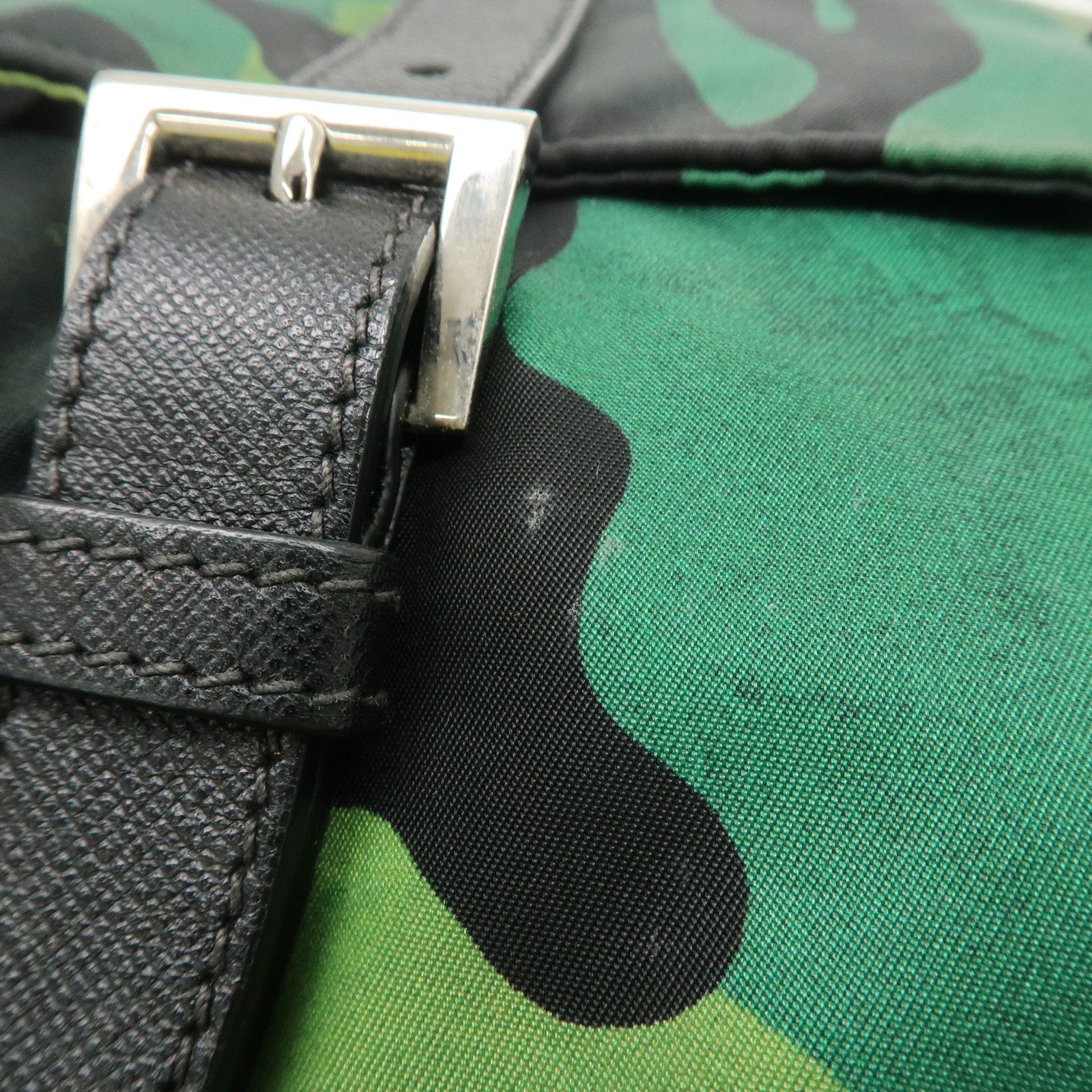 PRADA Logo Nylon Leather Camouflage Shoulder Bag Green Black Used