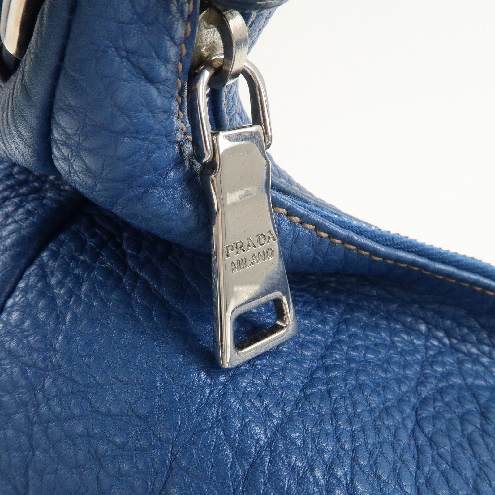 PRADA Logo Leather Shoulder Bag Blue Silver HDW