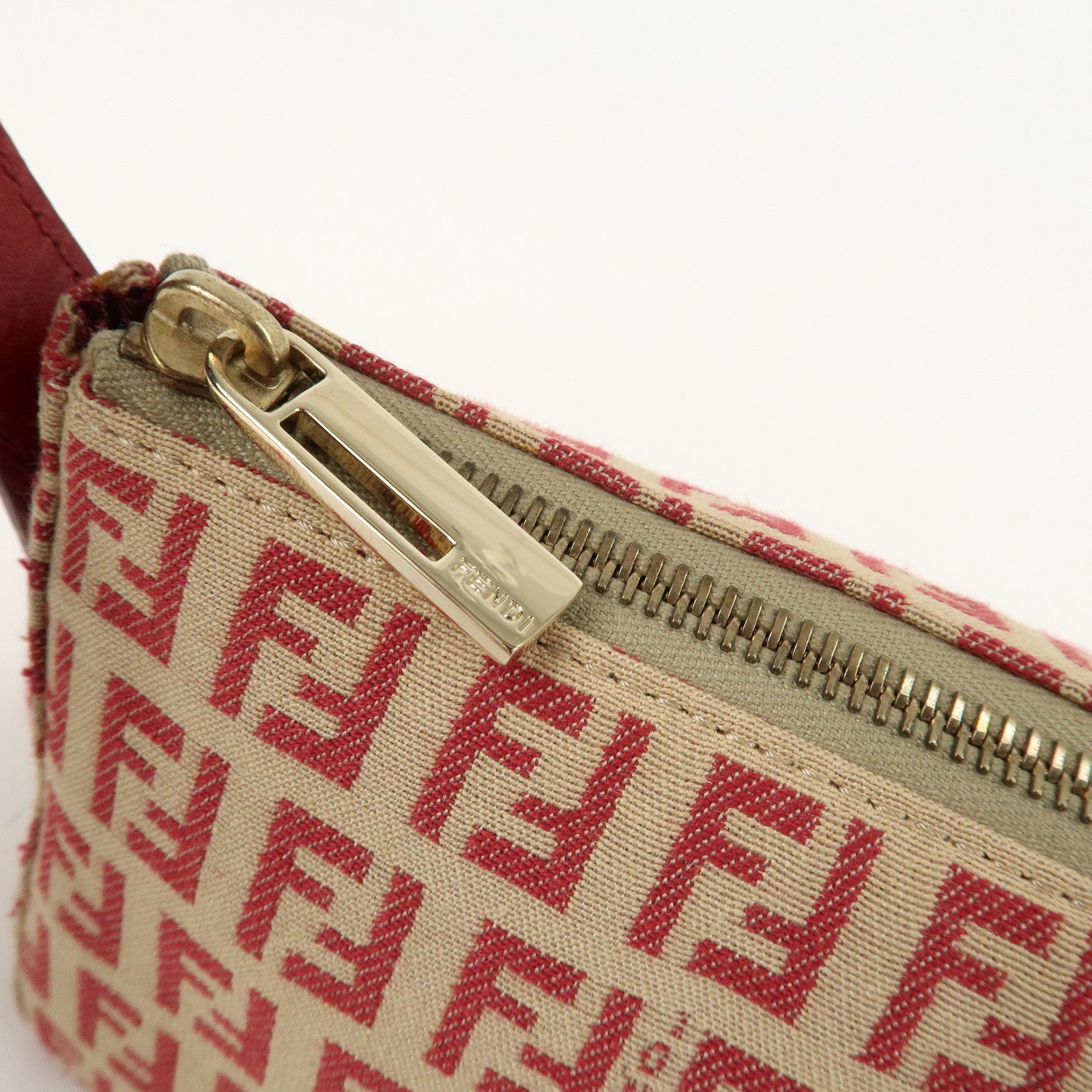 FENDI Zucchino Canvas Leather Semi-Shoulder Bag Beige Red 8BR443