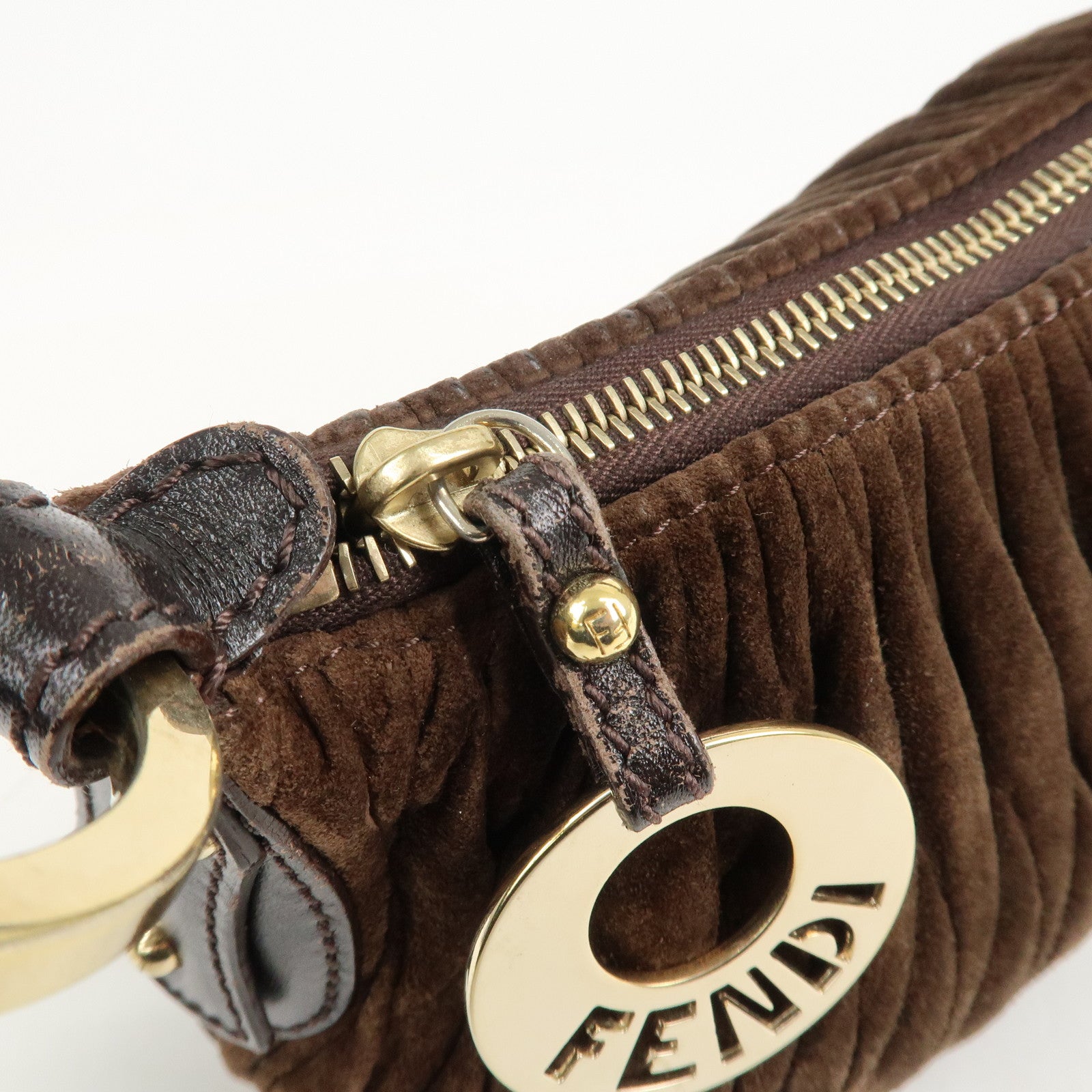 FENDI Suede Leather Gathered Shoulder Bag Dark Brown 8BR454 Used