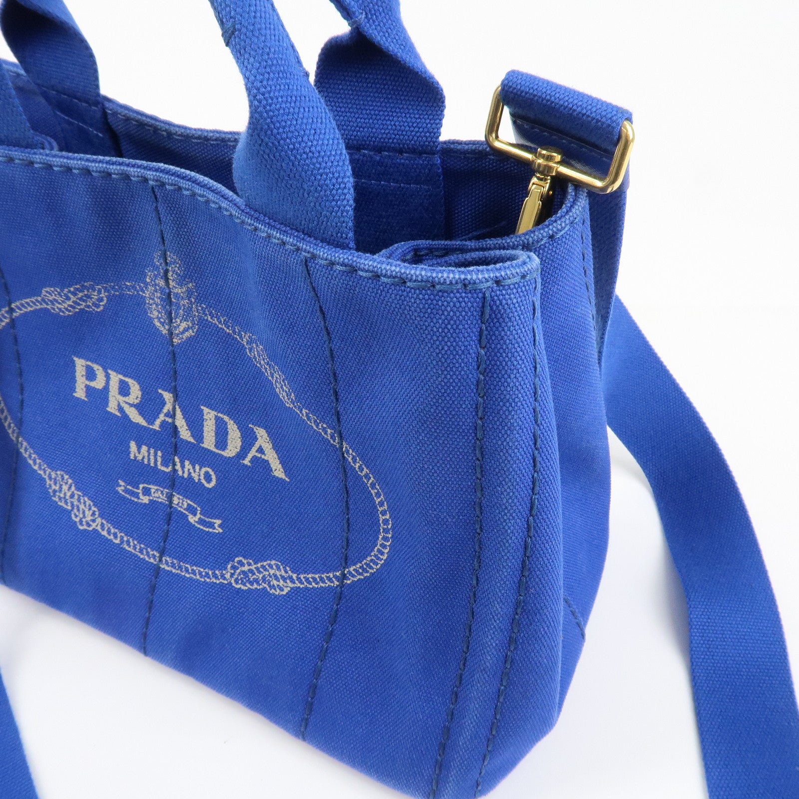 PRADA Logo Canapa Mini Canvas 2Way Tote Shoulder Bag Blue BN2439 Used