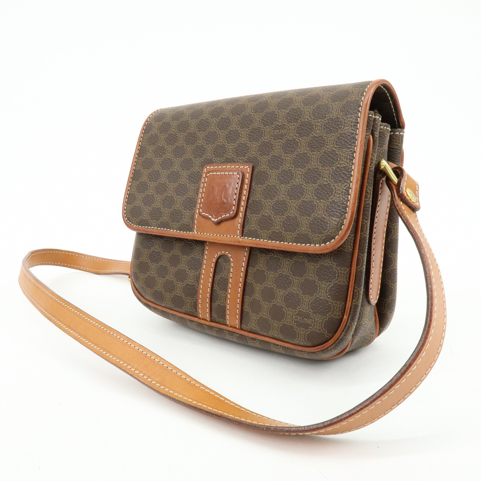 CELINE Macadam PVC Canvas Leather Shoulder Crossbody Bag Brown