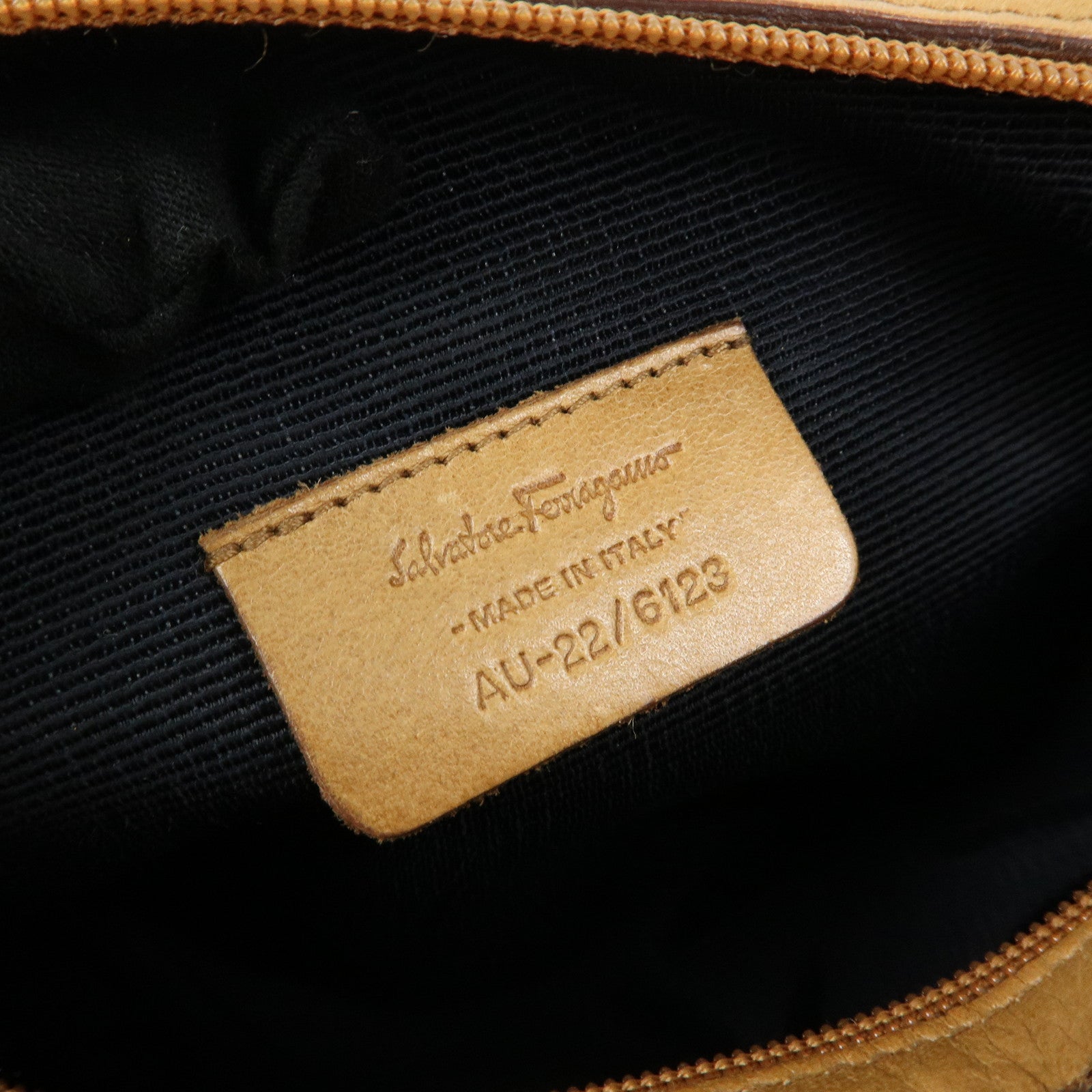 Ferragamo Gancini Canvas Leather Hand Bag Blue Light brown