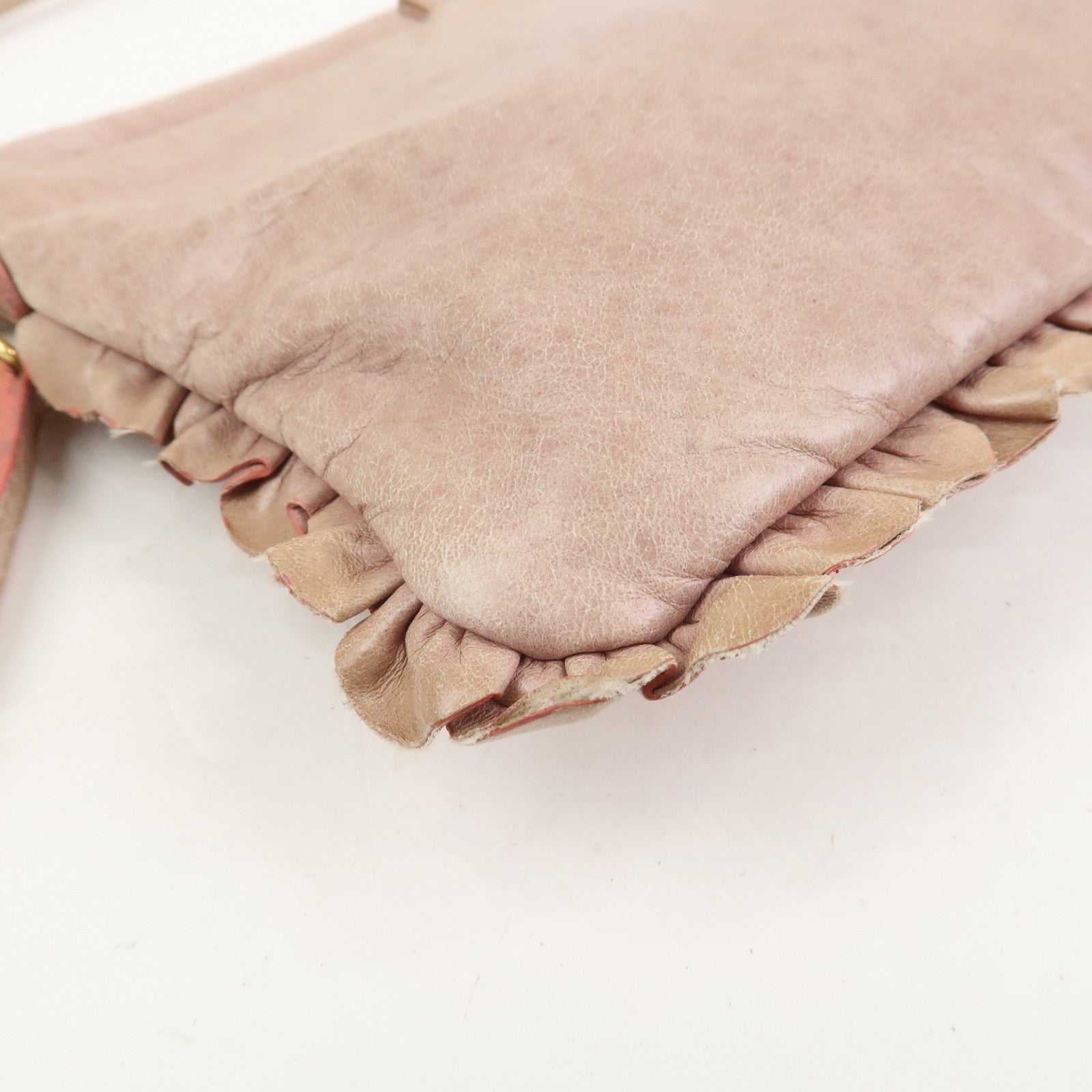 MIU MIU Logo Frilled Leather Shoulder Bag Crossbody Bag Pink Beige