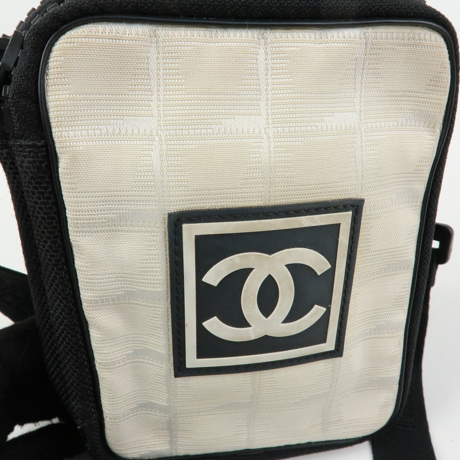 CHANEL New Travel Line Nylon Jacquard Shoulder Bag Beige Black