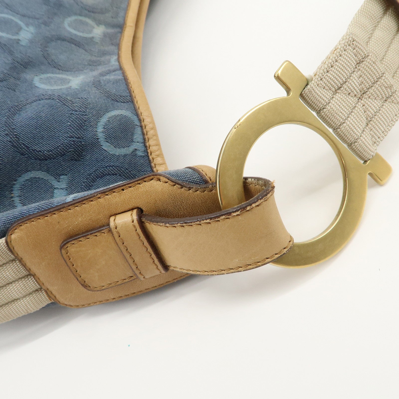 Ferragamo Gancini Canvas Leather Shoulder Bag Hand Bag Blue Beige