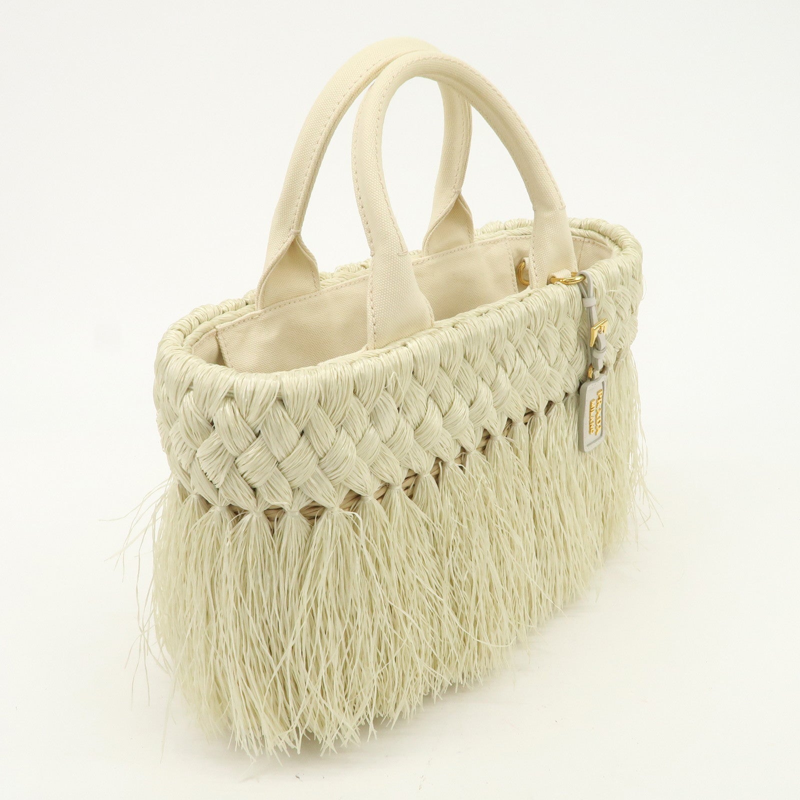 PRADA Logo Raffia Canvas Straw Hand Bag White Gold Charm1BG089
